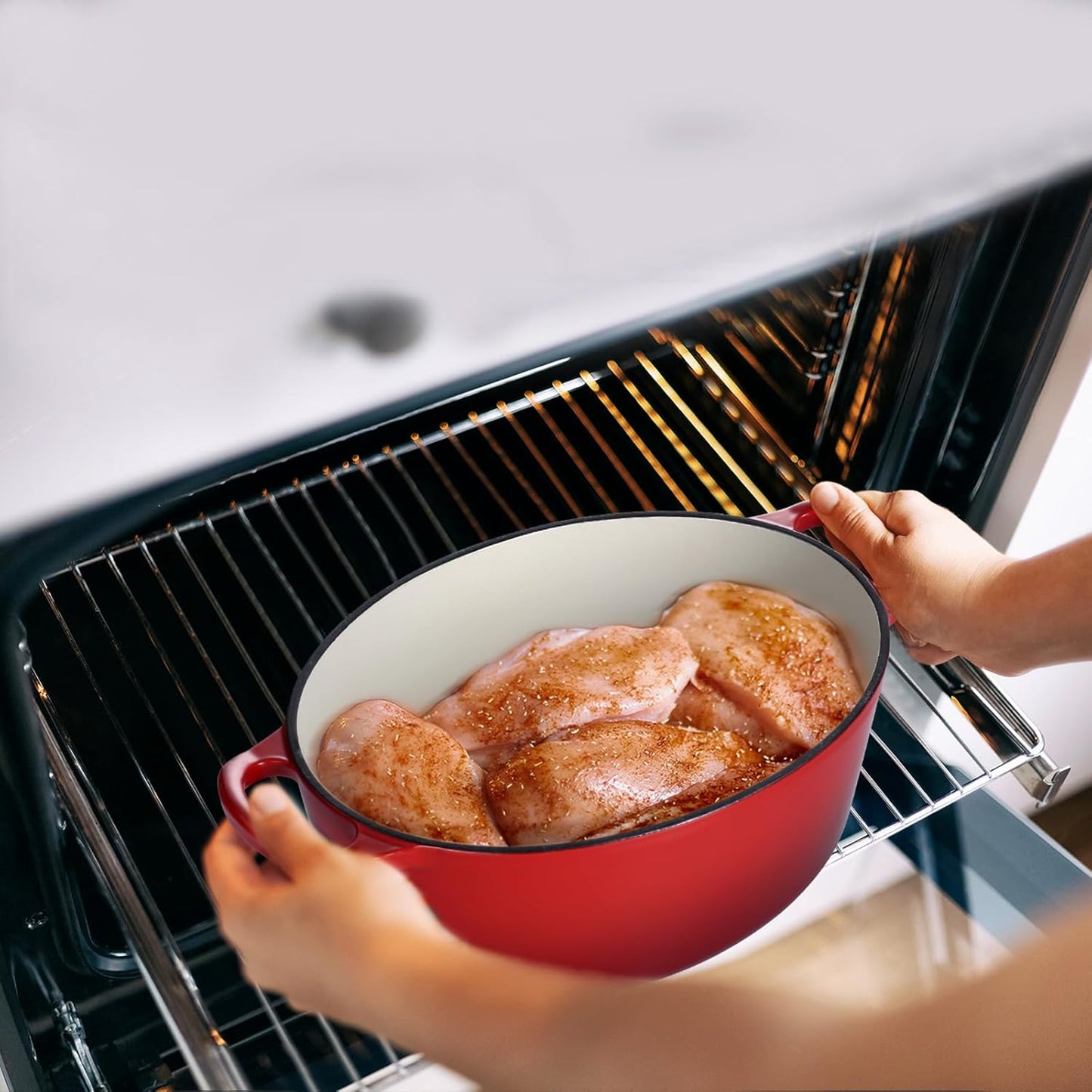 5QT Oval Dutch Oven Pot with Lid, Leonyo 5 Quart Enameled Oval Cast Iron Dutch Oven for Sourdough Bread Breaking, Heavy Duty Cookware for Braising, Stews, Roasting, Red
