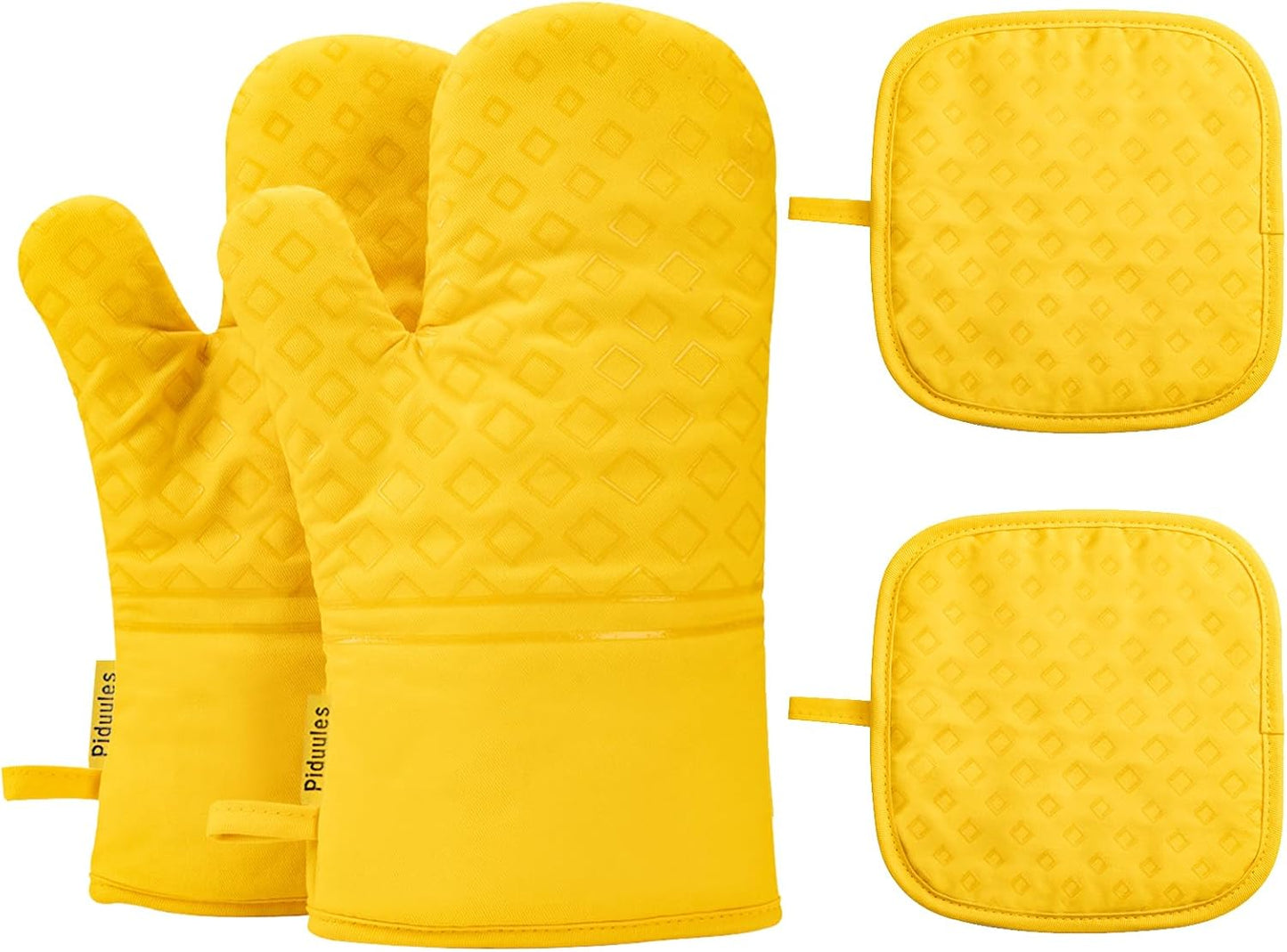 Set of 4 Oven Mitts and Pot Holders, 482 F Heat Resistant Hot Plate Moving Non-Slip Gloves for BBQ, Grill, Baking, Cooking, Oven, Microwave (Yellow)
