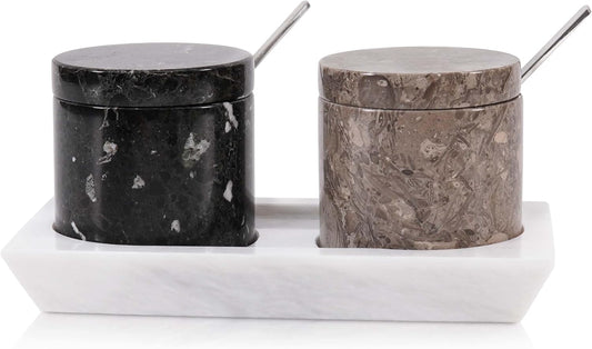 Radicaln Marble Salt Cellar with Lid and Tray 3" Inch Handmade Oceanic & Black Salt Container, Set of 2 Seasoning Jars for Kitchen countertop, Ideal Sugar bowl