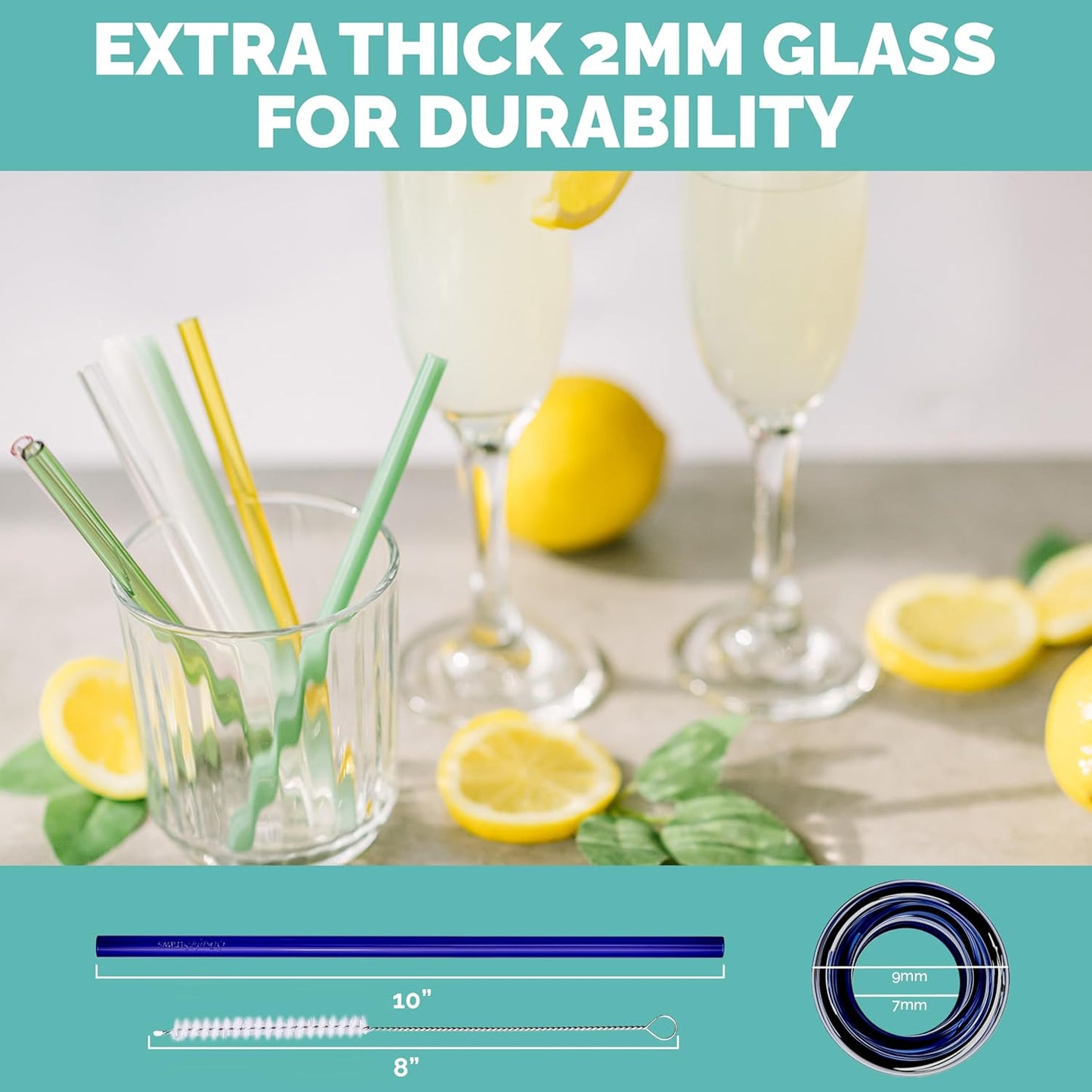 Simply Straws 10 Inch Glass Straws Straight (6-Pack) – Reusable Glass Straws for 24 Oz Mason Jars & Tumblers, with Cleaning Brush – Durable, Dishwasher Safe, Hot & Cold Use, BPA-Free (Seaglass)