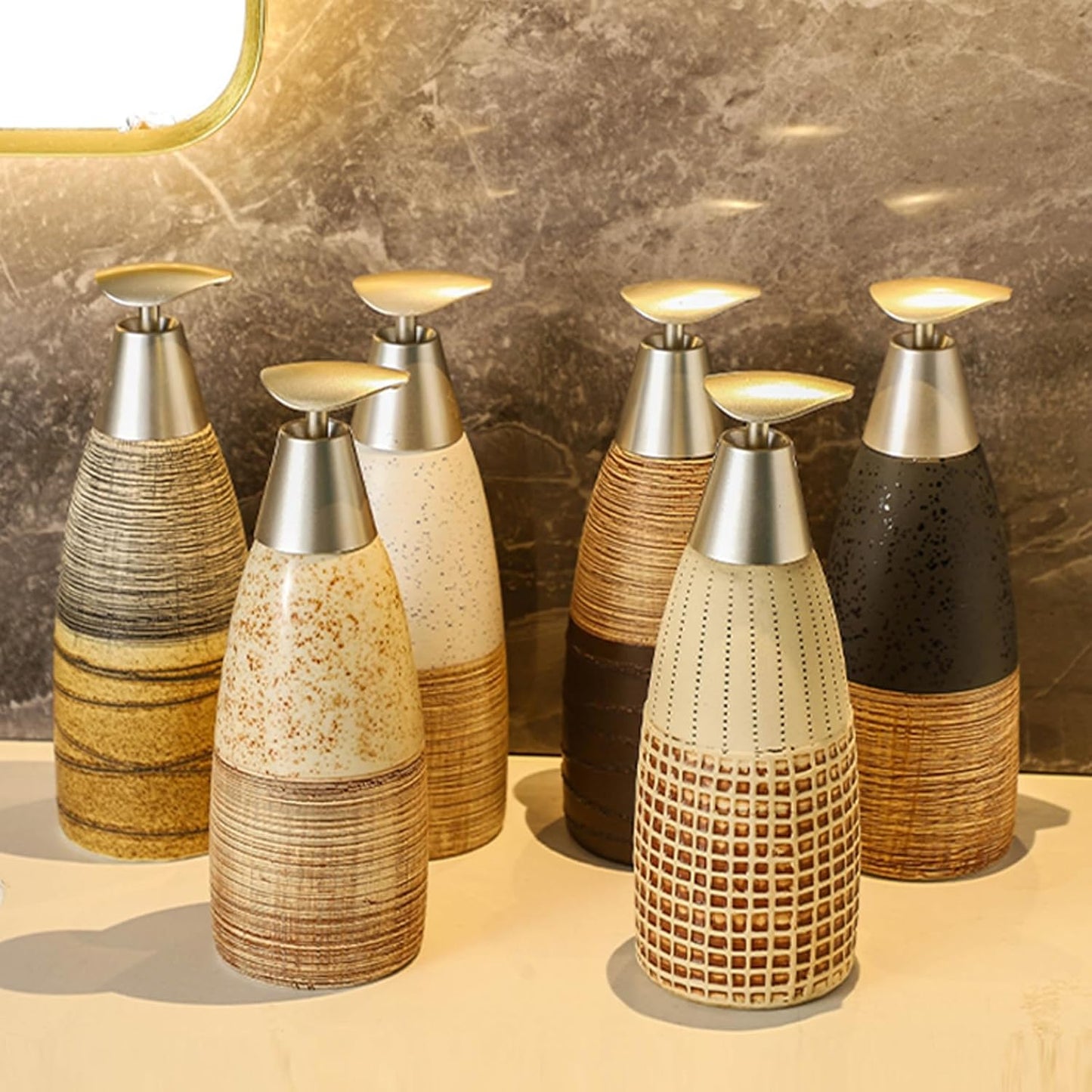 Ceramic Soap Dispenser with Plastic Pump – 12oz Refillable Liquid Dispenser for Bathroom, Kitchen, Office, Hotel, Airbnb, or Vacation Rental (Type F)