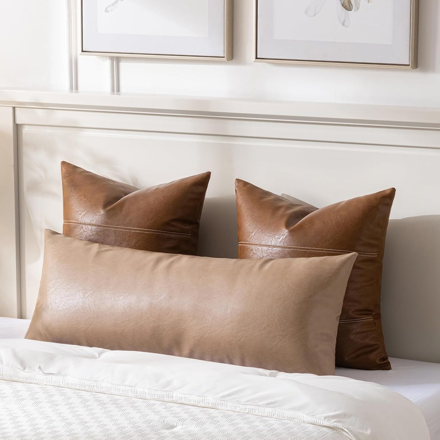 Fancy Homi Tan Long Lumbar Faux Leather Body Decorative Throw Pillow Cover 14x36 Inch for Bedroom Couch Bed Bench, Thick Beige Solid Rectangular Waterproof Cushion Case, Boho Farmhouse Room Decor