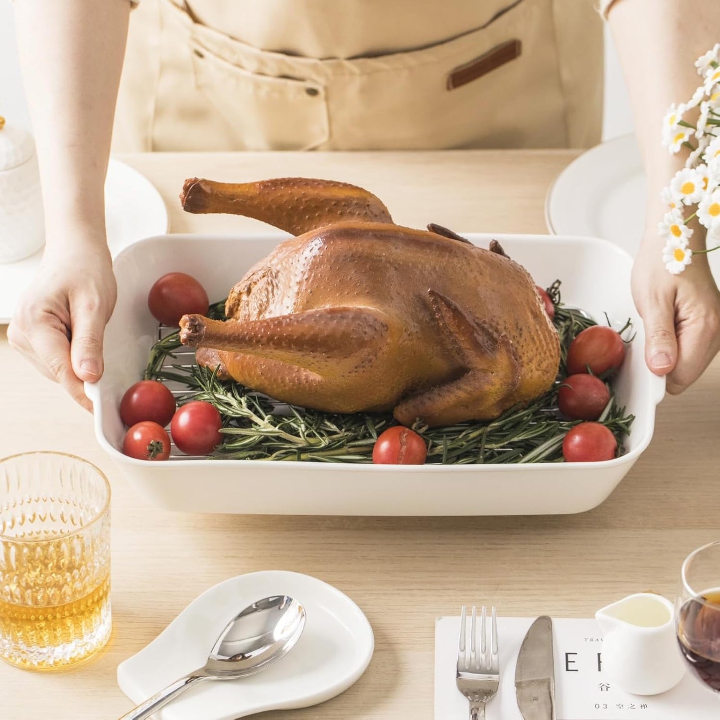 Casserole Dish with Roasting Racks, 3 QT Baking Dish with Handles, White Bakeware, Ceramic Baking Pan, Microwave Oven Safe, Dinner, Wedding (13.6"*8.7")