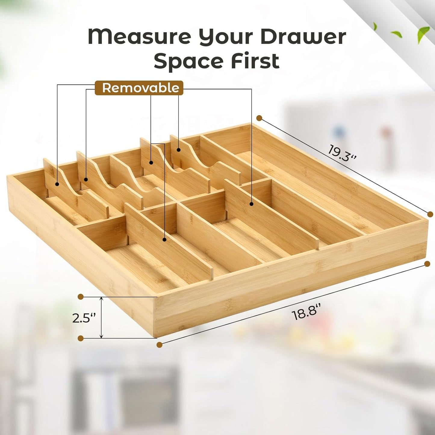 Fabsome Silverware Organizer for Kitchen Drawers, 2.5'' Deep 18.8'' Wide Bamboo Wood Flatware Tray with Deep Slots for Large Cutlery Utensil Drawer