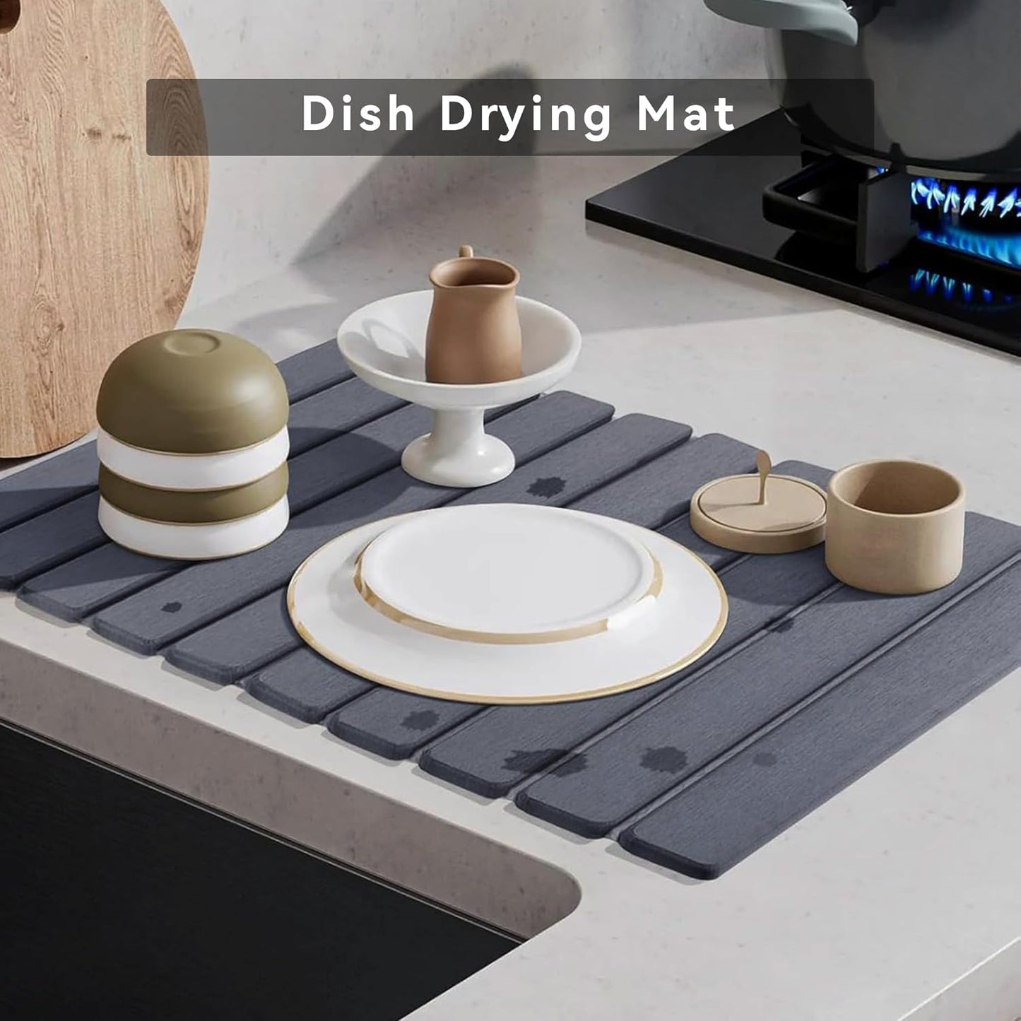 Large Stone Dish Drying Mat for Kitchen Counter, 24" x 16" Drying Board Diatomaceous, Dish Drying Tray for Kitchen, Utensils, Vegetable, Fruits, Bathroom Absorbent Pad, Fast Dry Stone Mat, Dark Gray