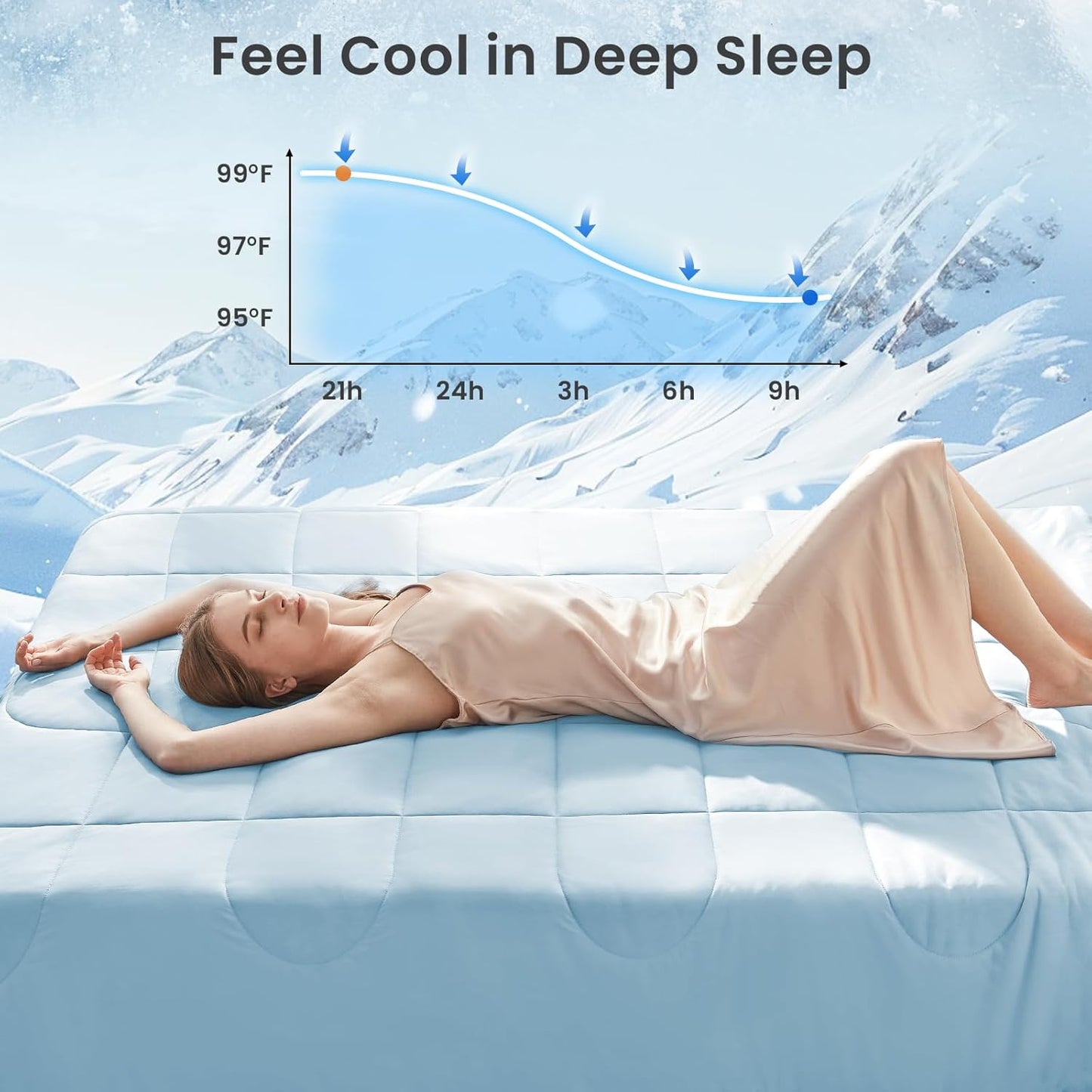 HYLEORY Cooling Comforter King Size - Summer Cooling Blanket for Hot Sleepers/Night Sweats, Double-Sided Cold Touch Silky Ice Comforters, Breathable Lightweight Beddings, Cool Blue, 108"x90"