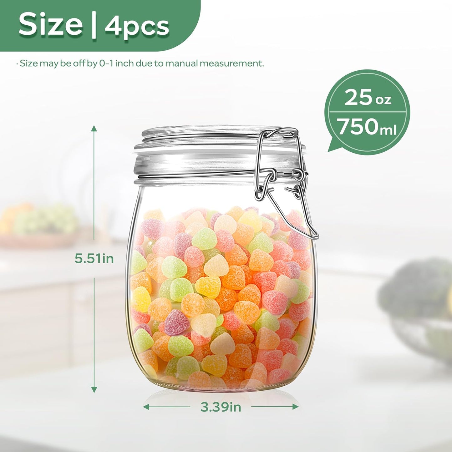 Glass Food Storage Jars with Airtight Lids 25 oz Round 4 Pack Kitchen Storage Containers Cabinet Canisters Sealed Pot Canning for Pasta, Cereal, Coffee, Beans, Spice