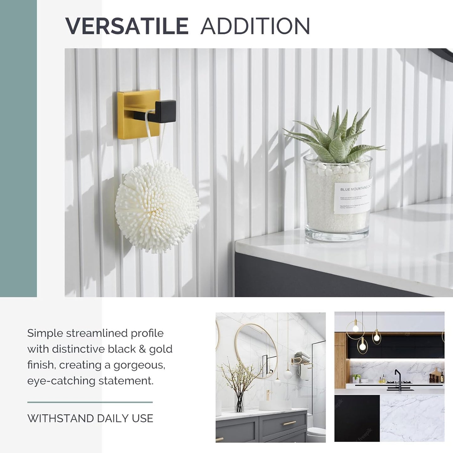 Angle Simple Towel Hook Black & Gold, 304 Stainless Steel Square Robe Bathroom Hook for Wall