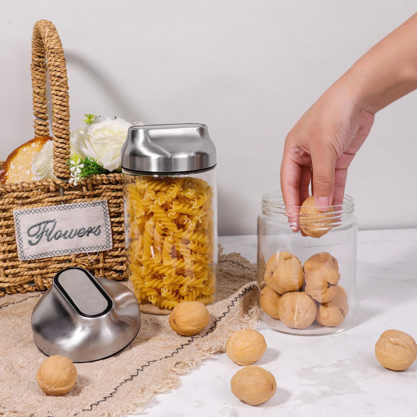 Aelga 34oz Glass Food Jars Canisters with Lid, Wide Mouth Storage Jars with Airtight Lids, Clear Food Storage Containers for Flour, Cereal, Coffee, Nuts & More