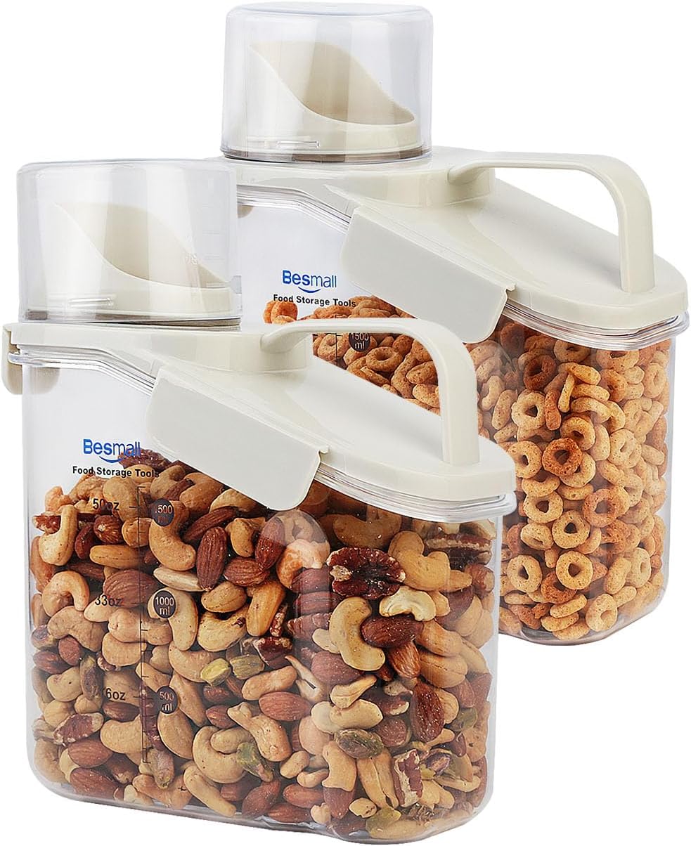 Cereal Containers Storage Airtight Small Dry Food Storage Containers with Pour Spout Cereal Dispenser Plastic Food Container kitchen Pantry Storage for Dry Food Flour Grain Snack, 2 Pack 1.6L