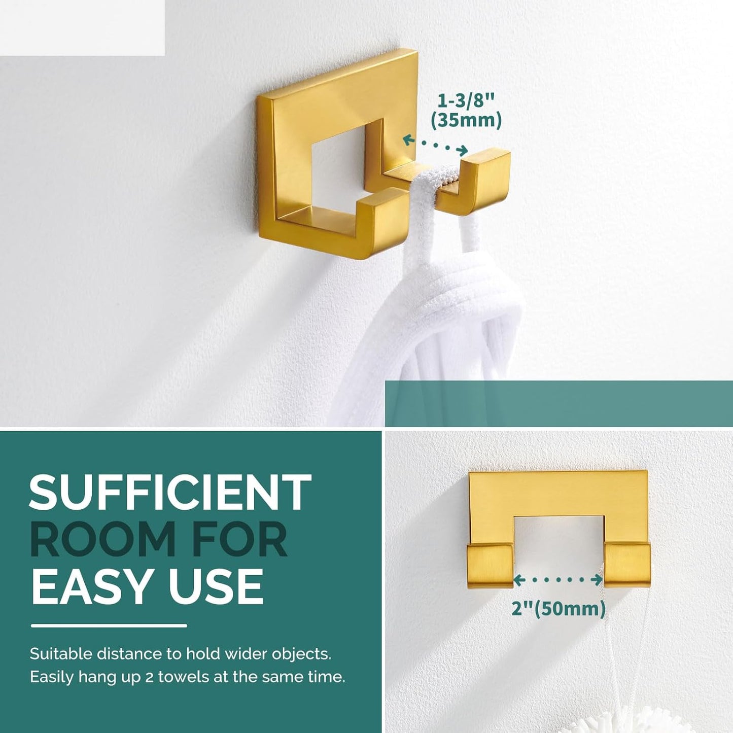 Angle Simple Towel Hook, SUS 304 Stainless Steel Wall Coat Hook, Bathroom Double Hand Towel Holder, Brushed Gold