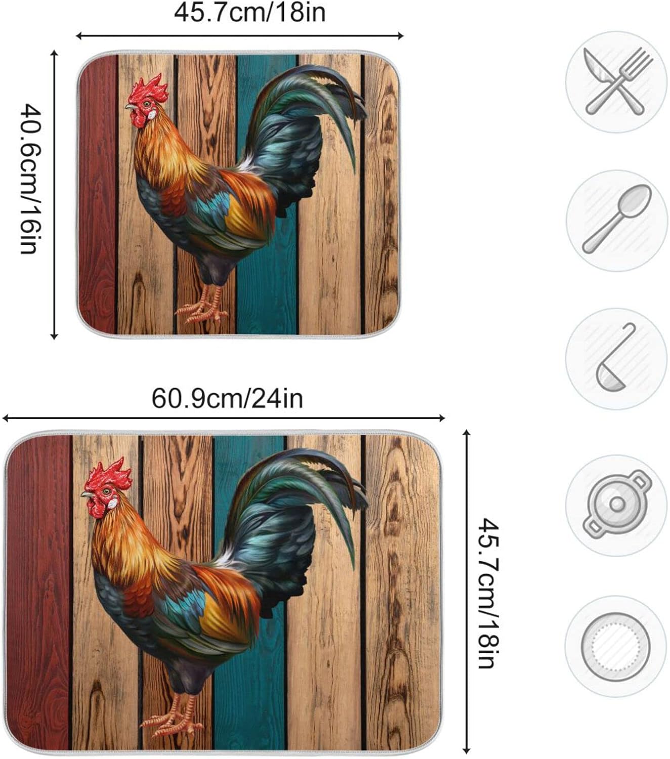 Rooster Dish Drying Mat for Kitchen Counter Farmhouse Absorbent Microfiber Drying Pad, Large 18x24 in, Reversible Drainer Mats