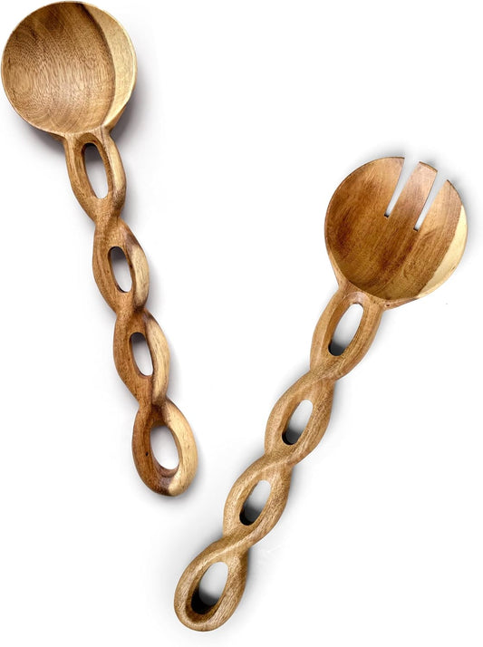 13" Wood Salad Tongs For Serving, Acacia Wood Kitchen Utensils Set, Salad Mixing Dinner Fork and Spoon Long Handle Salad Server Set Kitchen, Housewarming Gift Ideas, Set of 2 (Acacia Wood)