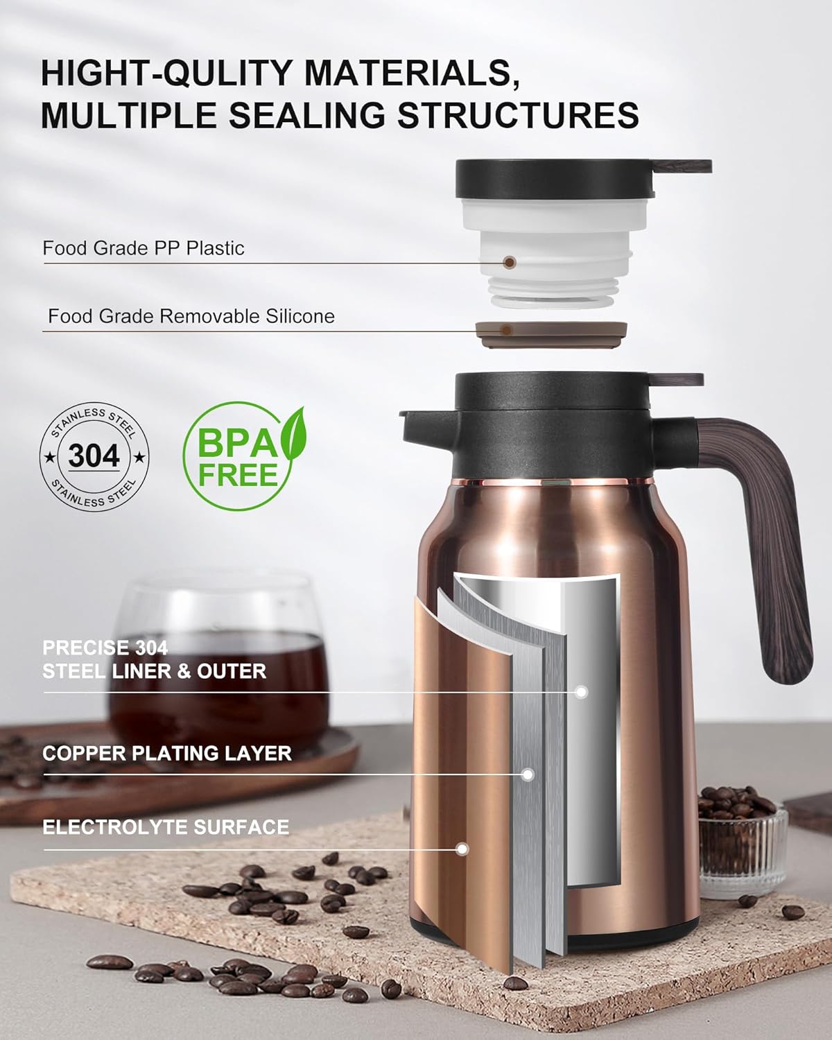 Carafes for Hot Liquids 51 oz - 12 Hour Stainless Steel Thermal Coffee Carafe-Insulated Coffee Carafes For Keeping Hot/Cold Coffee, Tea, Water, 1.5 Liter Beverage Dispenser(2 Gold)