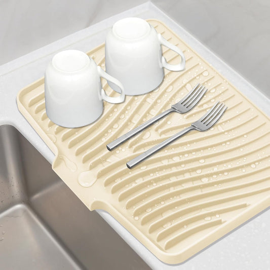 Silicone Dish Drying Mat for Kitchen Counter, Dish Drying Pad, Non-Slip Drain Pad with Built-in Drain, Heat Resistant Stone Drying Mat(Yellowish 15.8" x 13")