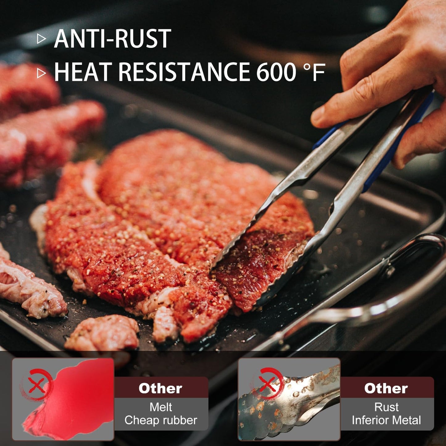 Tongs For Cooking - Heat Resistant 600 Degrees Stainless Steel Kitchen Tong, Heavy Duty Metal Locking Tongs - For Food,Salad, grilling, BBQ 7",9" & 12 inch, set of 3 Dishwasher Safe Blue