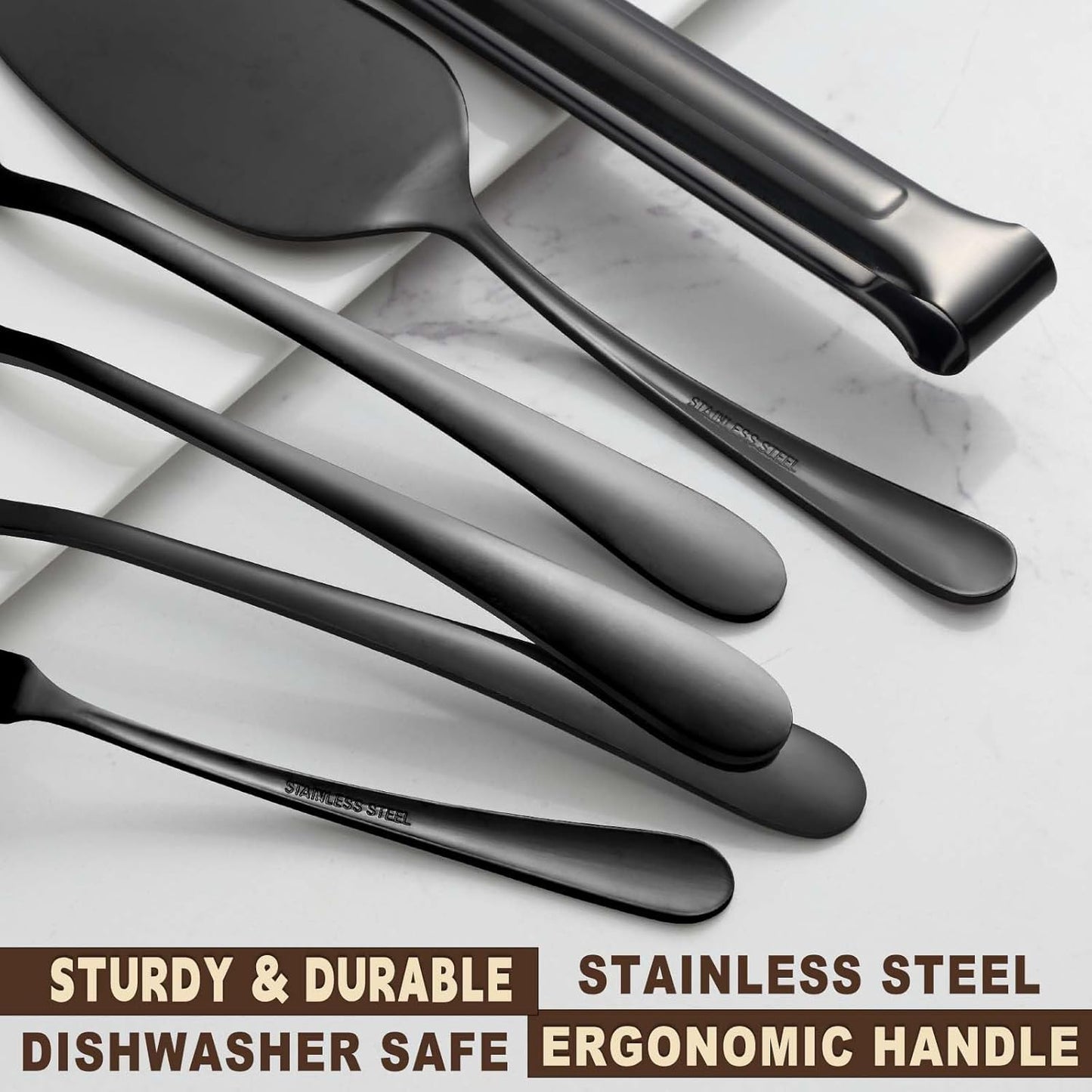 BEWOS Black 20-Piece Serving Set, Black Slotted Spoons & Tongs, Forks, Cake Server & Butter Knife, Stainless Steel, Dishwasher Safe