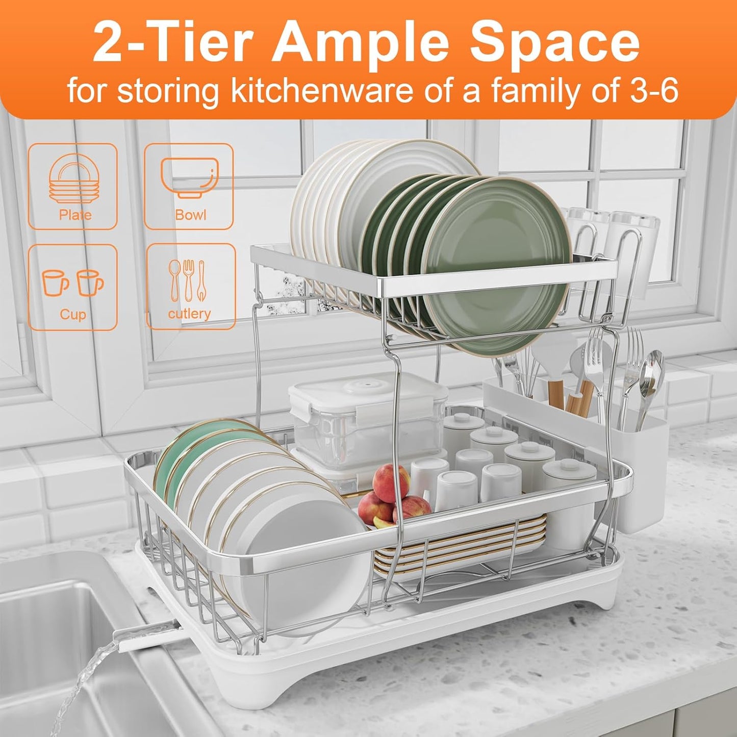 Dish Drying Rack - 304 Stainless Steel Dish Rack for Kitchen Counter, Adjustable Spout Auto-Draining Dish Rack, 2-Tier Kitchen Organizers and Storage Rack with Drainboard and Cutlery Holder White