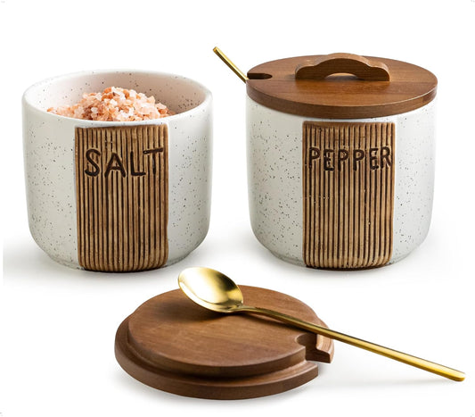 Salt and Pepper Bowl Ceramic, 10 Oz Salt and Pepper Cellar with Lid and Spoon, Farmhouse Salt Containers for Countertop, White
