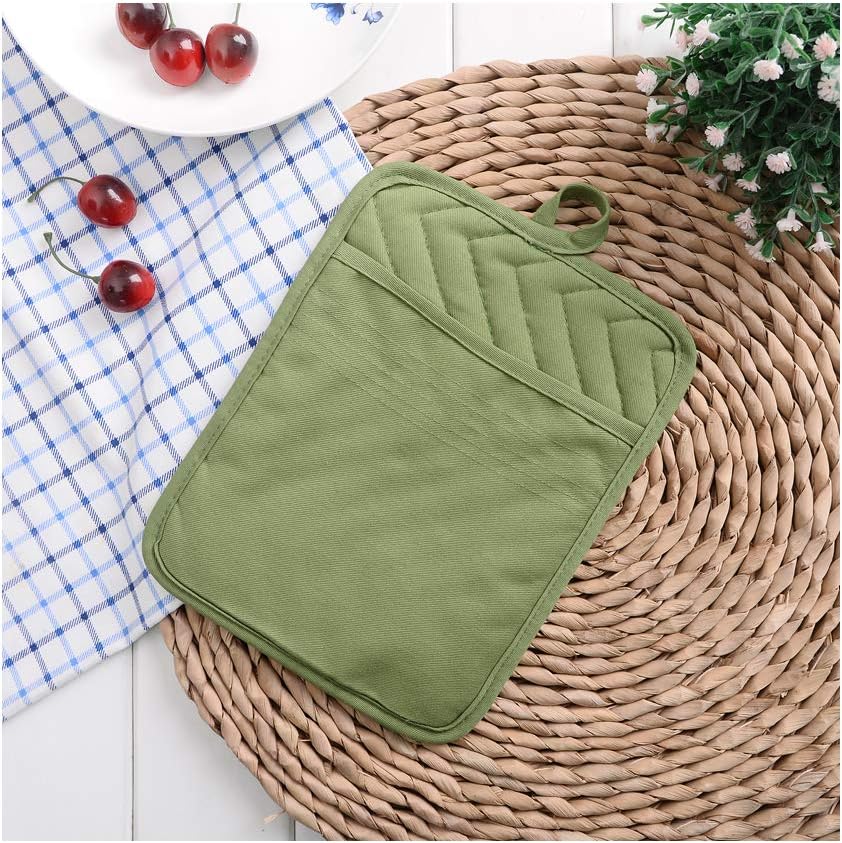 Anyi Heat Resistant Pot Holders, Cotton Hot Pads for Counter & Table, Green with Pocket