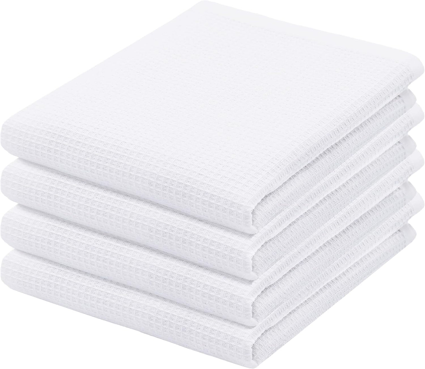 PurpleEssences Waffle Weave Kitchen Towel, 100% Cotton - 15 x 25 Inches, with Hanging Loop Ultra Soft Absorbent Quick Drying Dish Cloth, Tea and Hand Towels, 4 Pack - Spring Summer - White