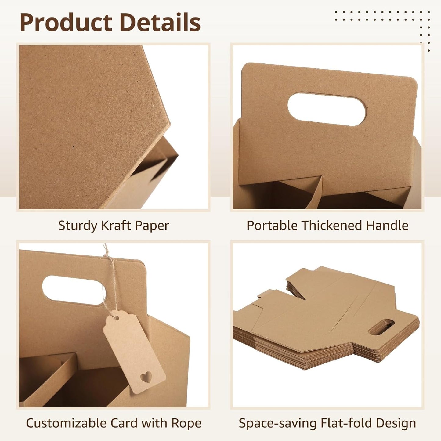 50 Sets Drink Carriers with Handles, 4-Cup Disposable Cup Holder Cardboard, Coffee Cup Holders with Cards & Ropes, Takeout Beverage Holders, Serve Cold & Hot Drinks