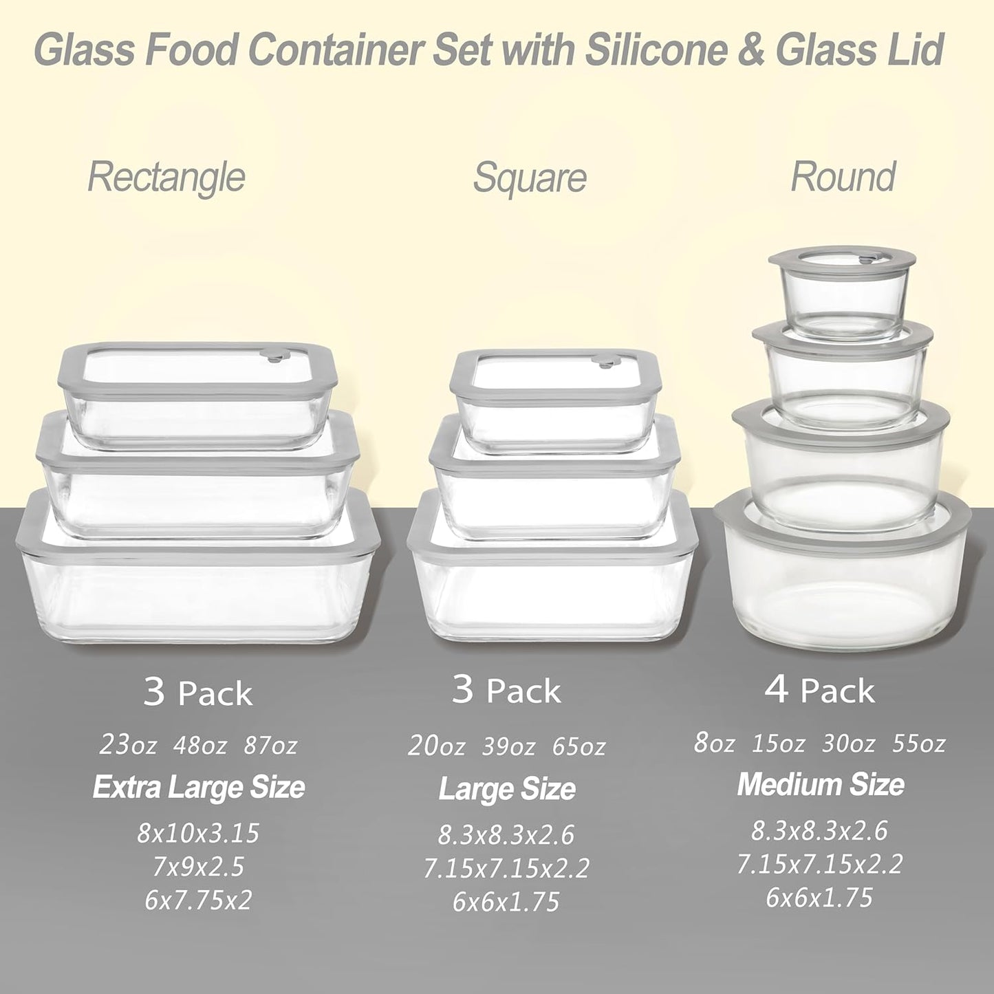 Glass Food Containers with Glass Lid, Microwave Safe Food Storage Container, Large 4 Pack Round Shape, Food Containers with Lids, Meal Prep containers with Leak Proof Lid.