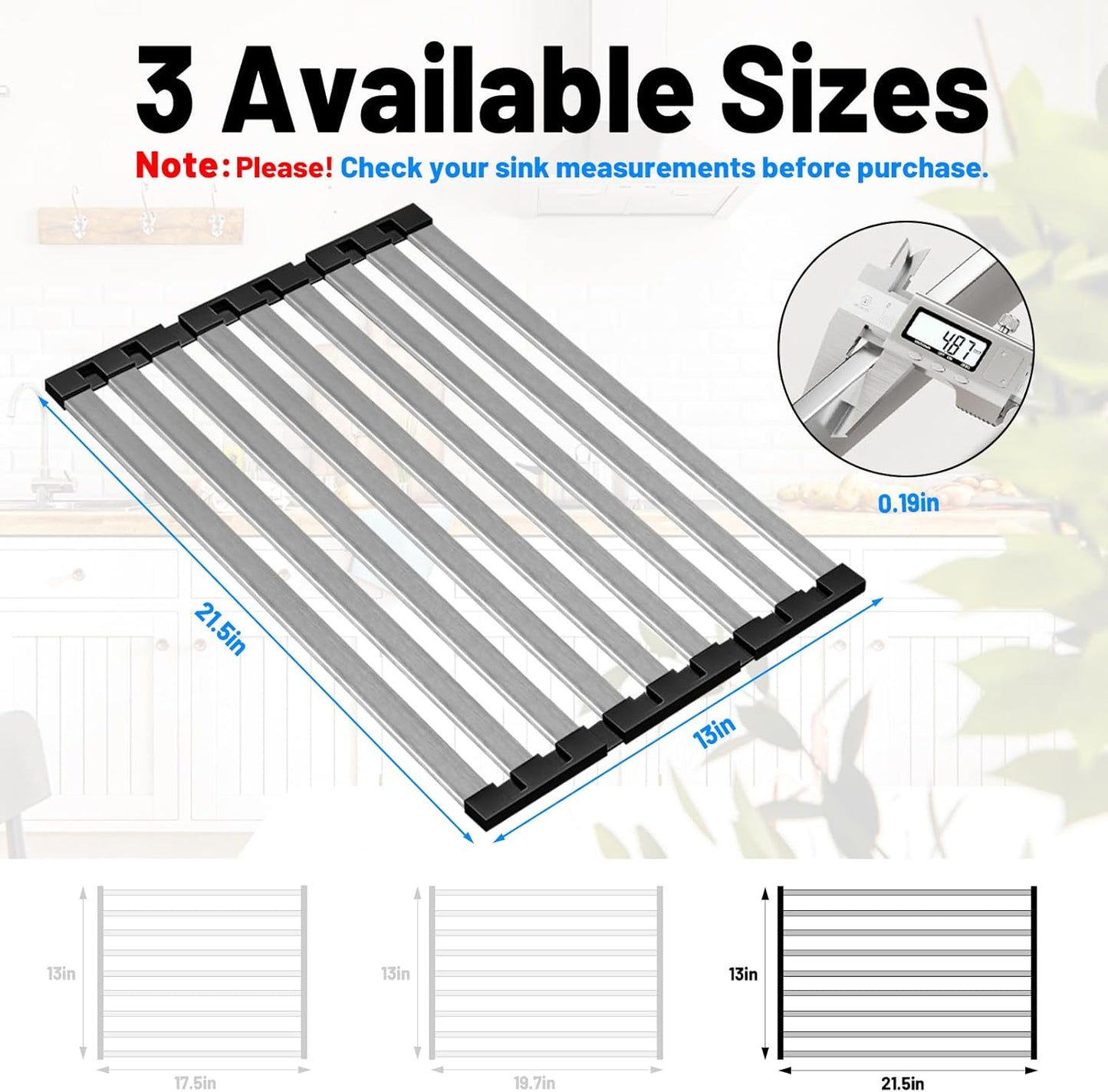 21.5" X 13" Dish Drying Rack, Over Sink Drying Rack, Kitchen Roll Up 304 Stainless Steel Drain Rack, Roll Up for Kitchen and RV Sinks, Black