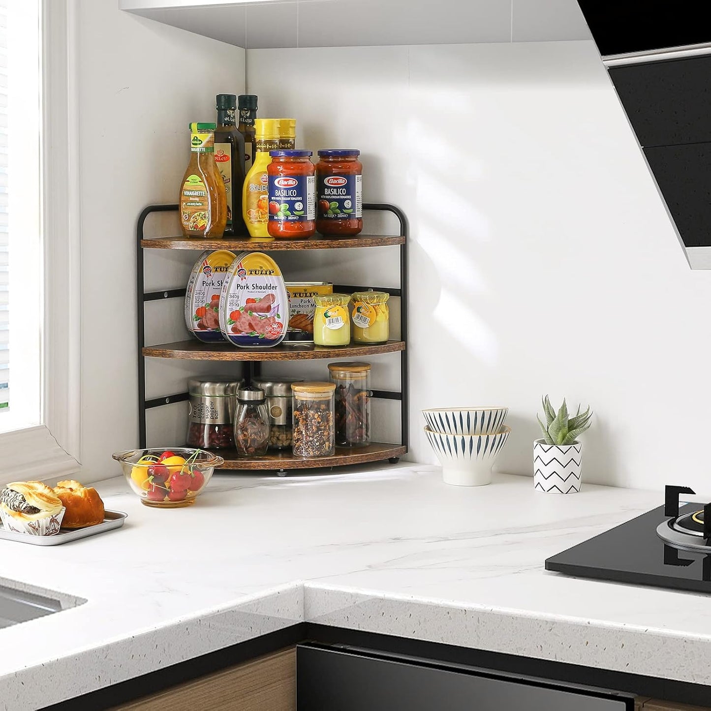 IBUYKE Corner Shelf, Kitchen Counter Organizer, Bathroom Vanity Trays, 3-Tier Spice Rack for Small Spaces,Cosmetic Storage Perfume Holder, Adjustable Height, Rustic Brown,TWJ002H