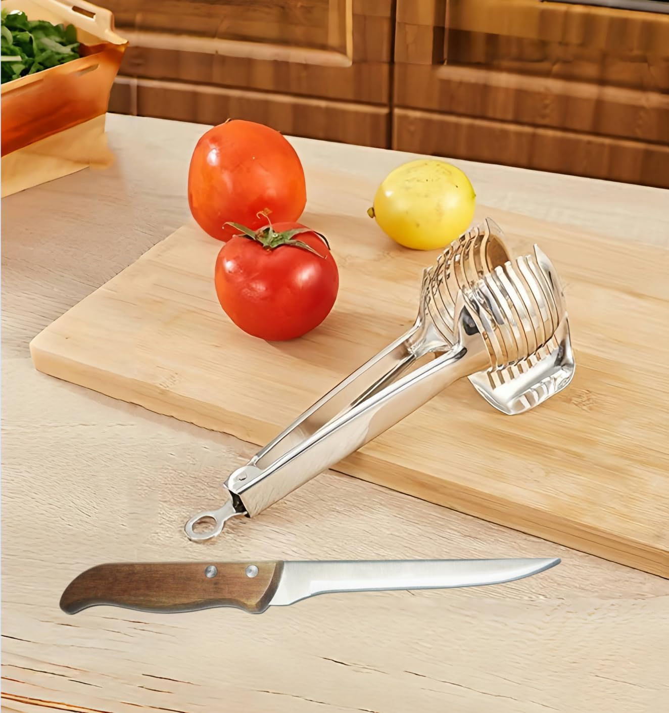 Tomato Lemon Slicer with Tomato Knife Set,Handheld Even Slicing Guide Cutter Tools,for Round Fruit and Veggies, Multi Kitchen Cutting Gadgets