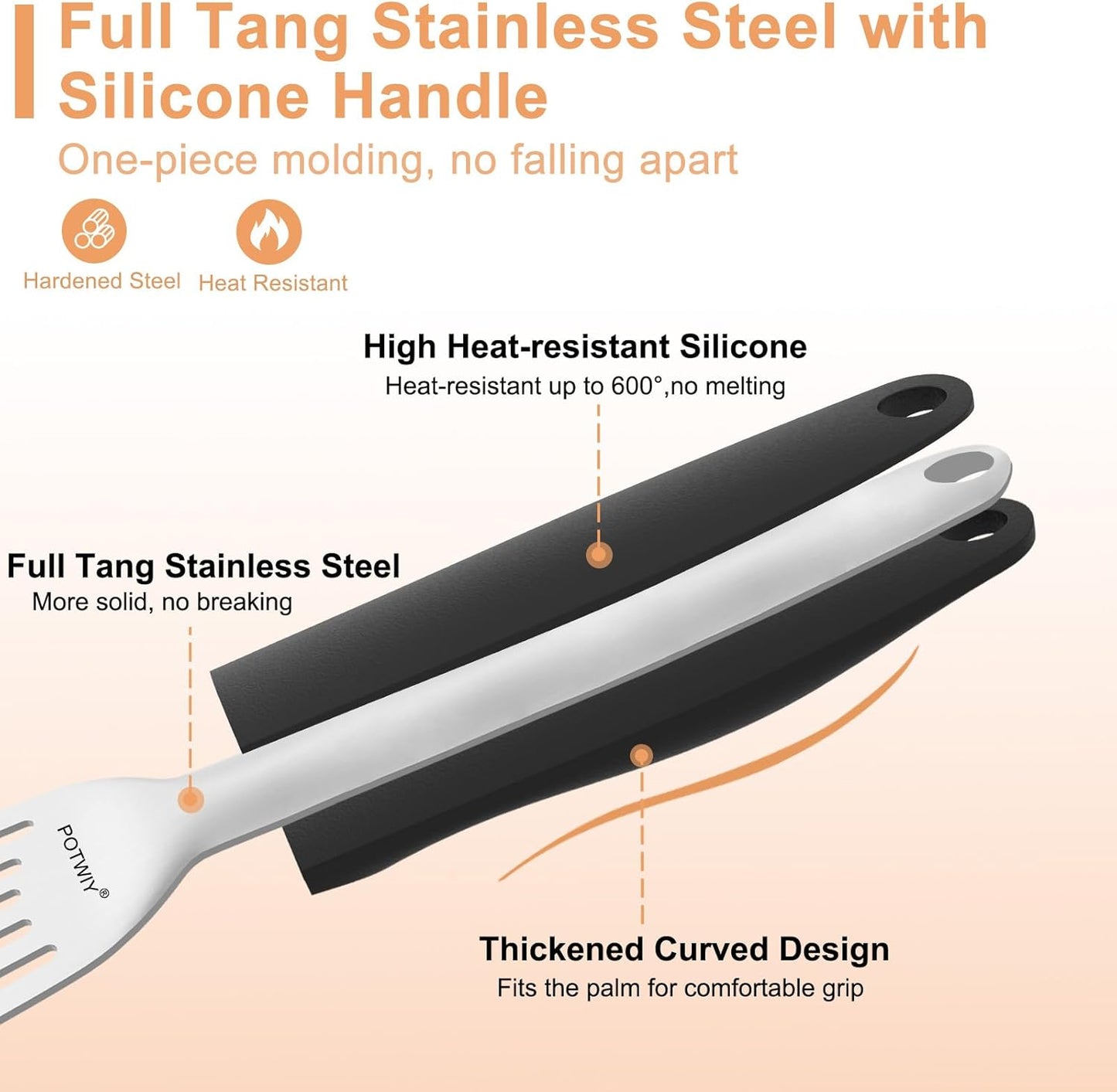 Fish Spatula Stainless Steel, 2 Pcs Metal Spatula Set for Kitchen and Grilling, Slotted Turner with Silicone Handle for Cast Iron Skillet, Cooking Utensils for Fish, Burger, Egg, 13.5" & 11.6"