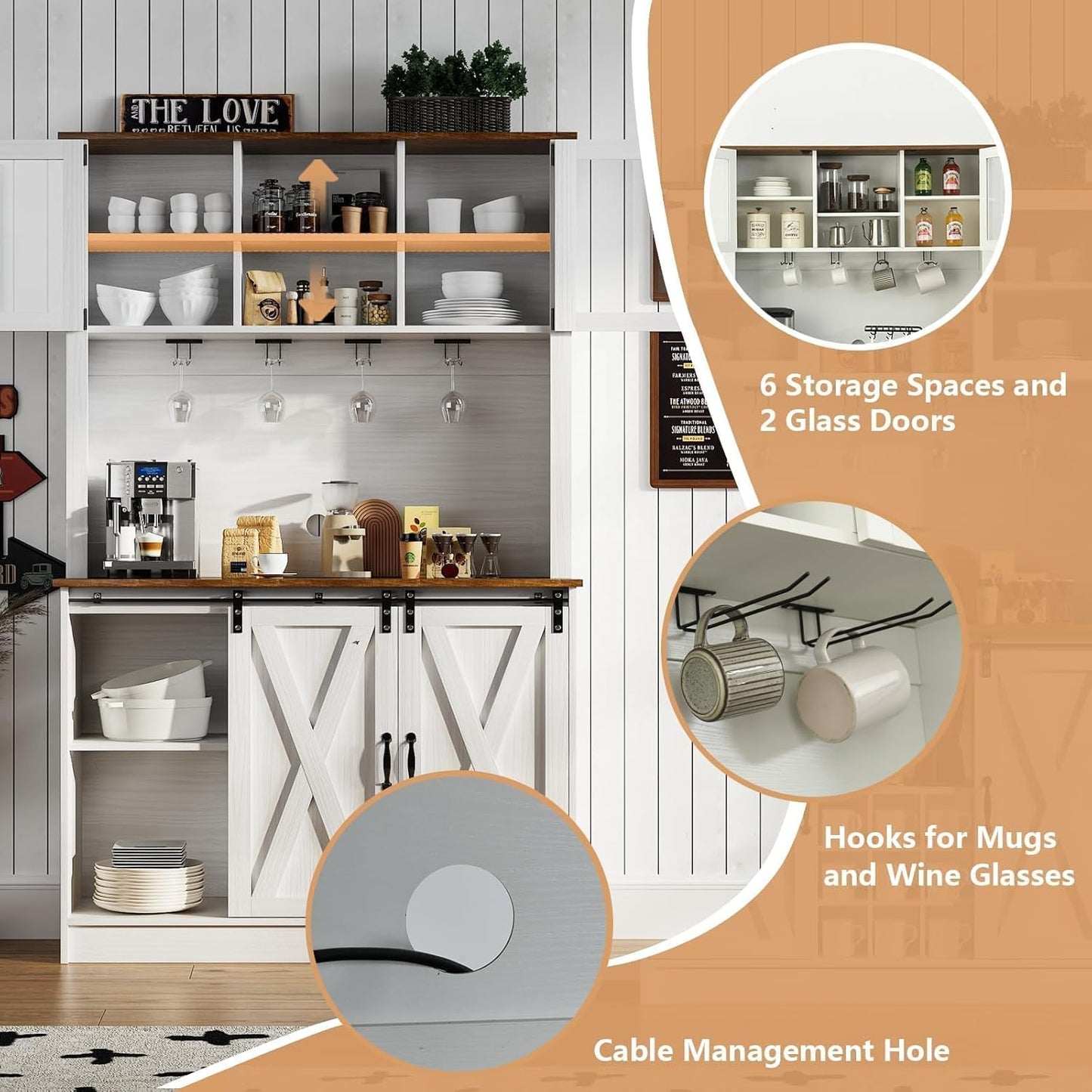 4ever2buy Farmhouse Coffee Bar Cabinet with 2 Glass Doors, 72'' White Bar Cabinet with Sliding Barn Door, Tall Wine Bar with 9 Racks, Coffee Bar Hutch with Storage for Living Room