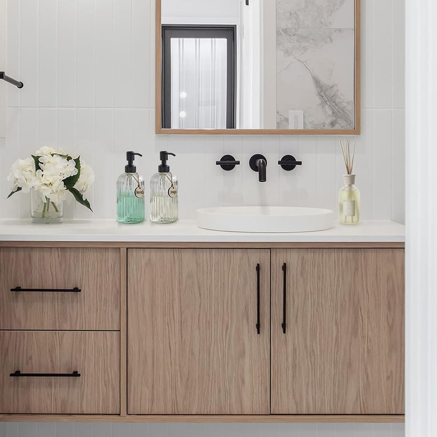 JASAI 2PACK 18Oz Simple Glass Soap Dispensers with Black Pump, Refillable Kitchen soap Dispenser with Vertical Stripe, Bathroom Soap Dispenser for Bathroom Hand soap, Dish Soap, Lotion.