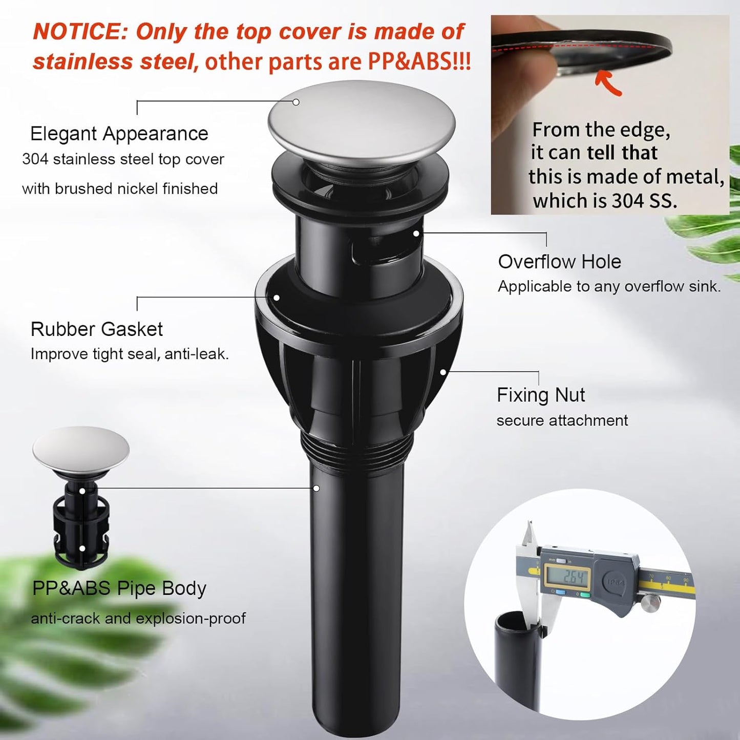 Bathroom Sink Drain, Pop Up Drain Stopper with Overflow, Lavatory Vanity Vessel Sink Drain Assembly, Brushed Nickel