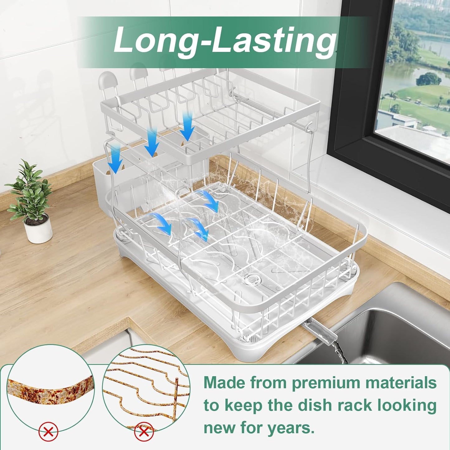 Dish Drying Rack, Two-Tier Dish Drying Rack with Utensil Holder and Cutlery Tray – Auto-Draining Large Capacity Dish Drainer with Drainboard for Kitchen Counter, White