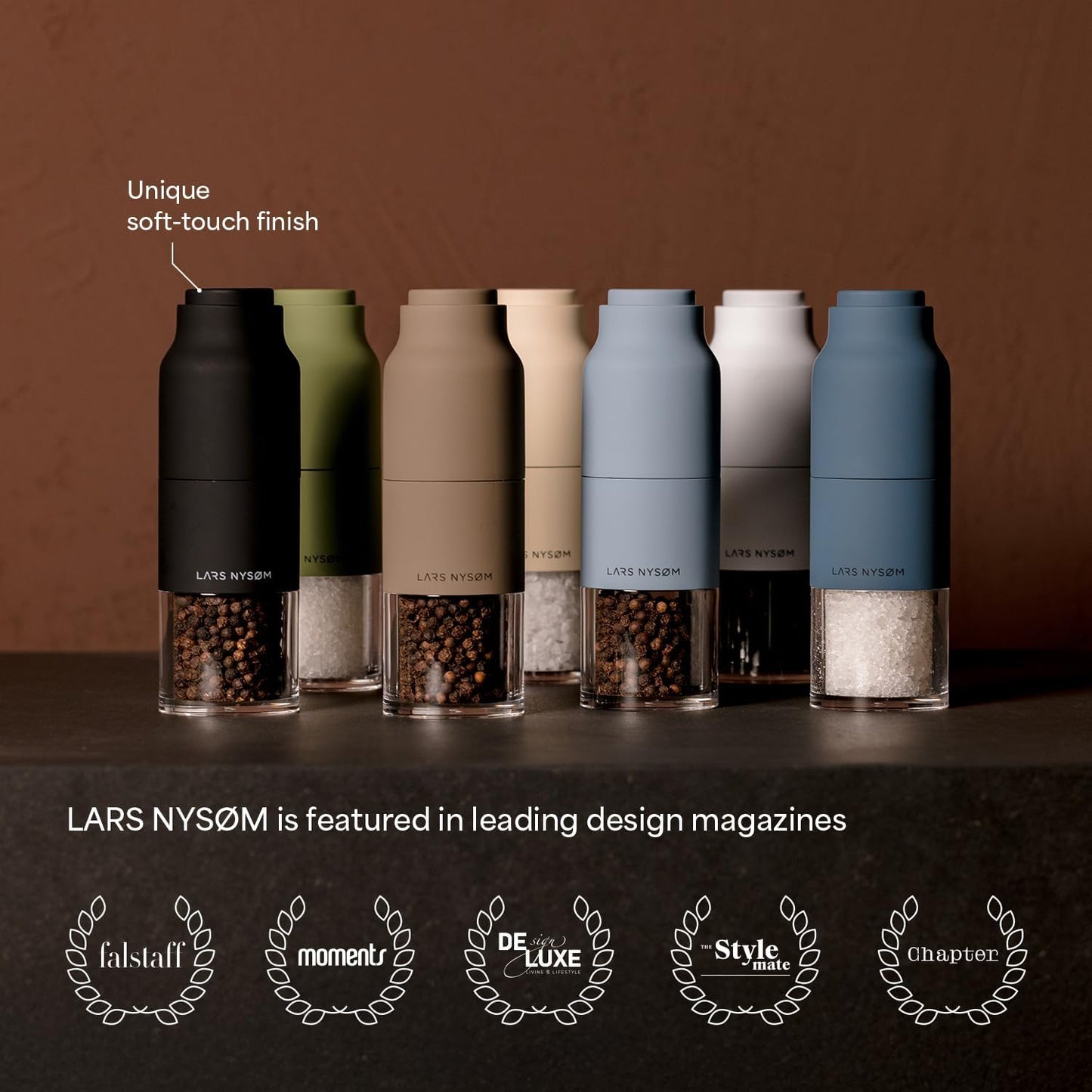 LARS NYSØM Salt and Pepper Grinder Set, Stainless Steel Manual Salt and Pepper Mills, Adjustable Ceramic Grinder, Design Spice Shakers (Green/Beige)