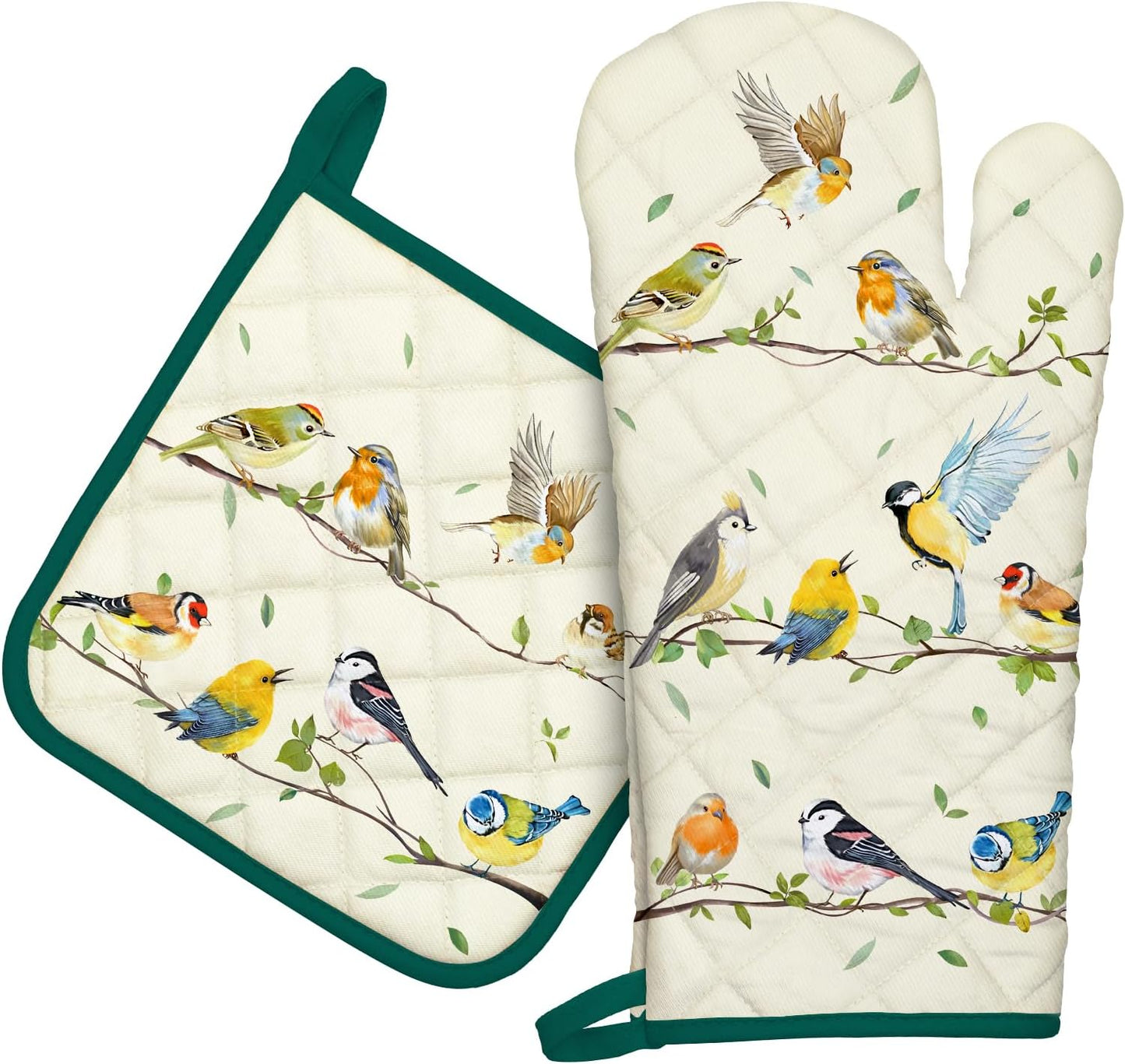 Bird Branch Oven Mitts and Pot Holders Sets 2Pcs, 100% Cotton Heat Resistant, Extra Long Oven Gloves Potholder for Kitchen Cooking Baking Decoration