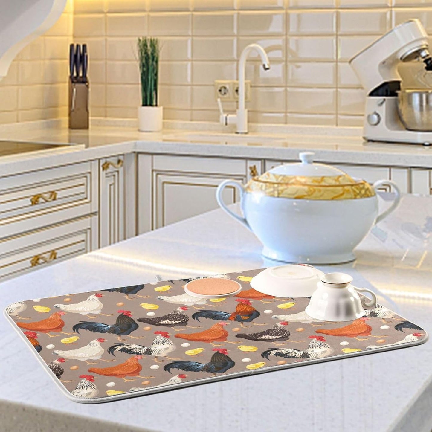 Hens Roosters Chicken Dish Drying Mat for Kitchen Counter Absorbent Microfiber Drying Pad, Medium 16x18 in, Reversible Drainer Mats