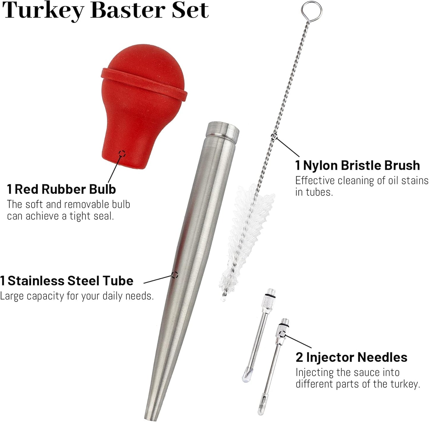 Turkey Baster Syringe for Cooking, Large Stainless Steel Meat Injector, with Cleaning Brush and 2 Marinade Needles, Red