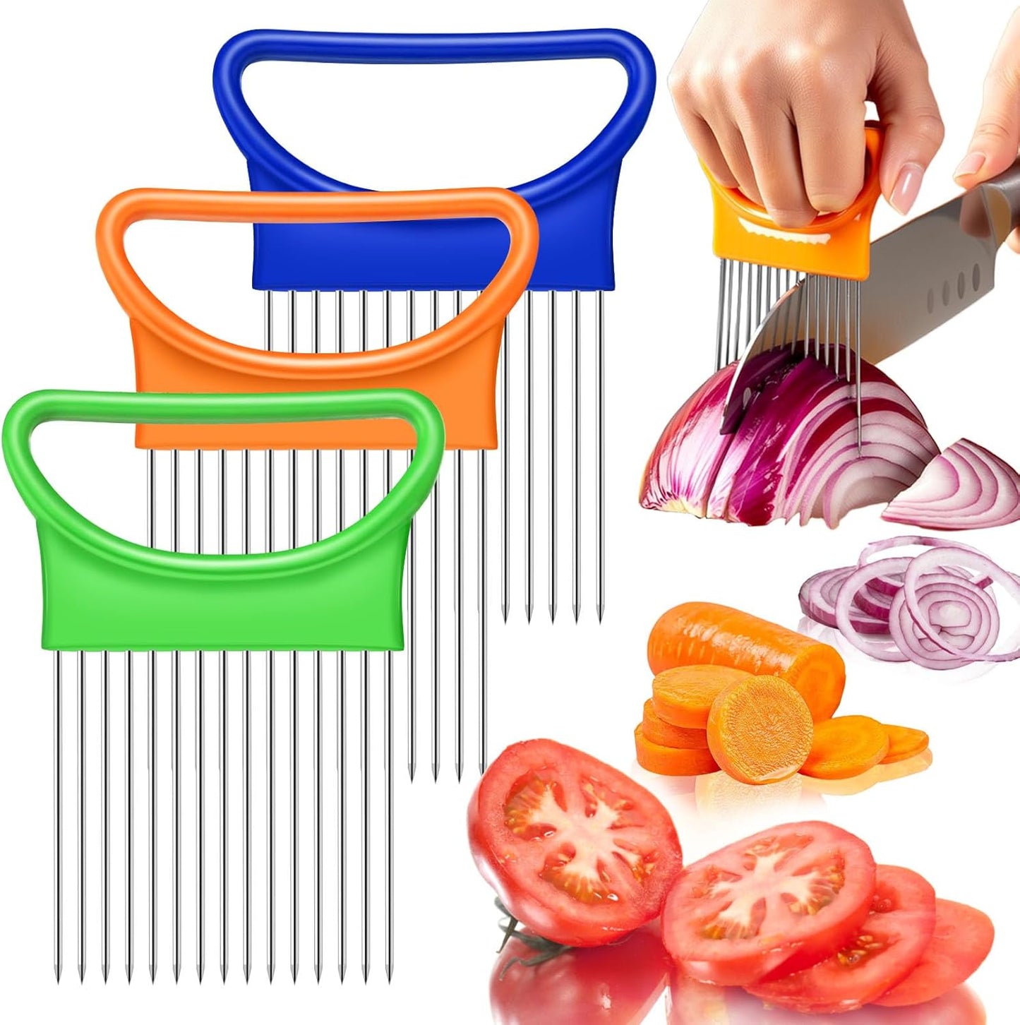 FANTEXY 3Pieces Onion Holder for Slicing, Stainless Steel Onion Cutter for Slicing, Potato Lemon Slicer Tomato Slicers Kitchen Comb for Vegetables, Fruit and Meat