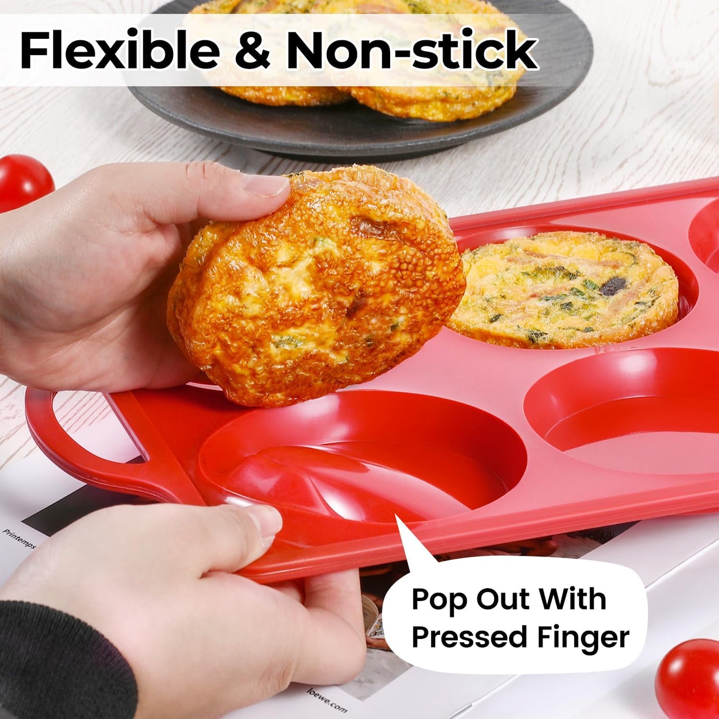 CAKETIME Silicone Muffin Top Pan with Metal Frame, 4 Inch Jumbo Non Stick Round Egg Baking Pan for Oven English Muffins, Whoopie Pies, Corn Bread, Egg Bites, Breakfast Sandwiches Tarts 2 Pack Red
