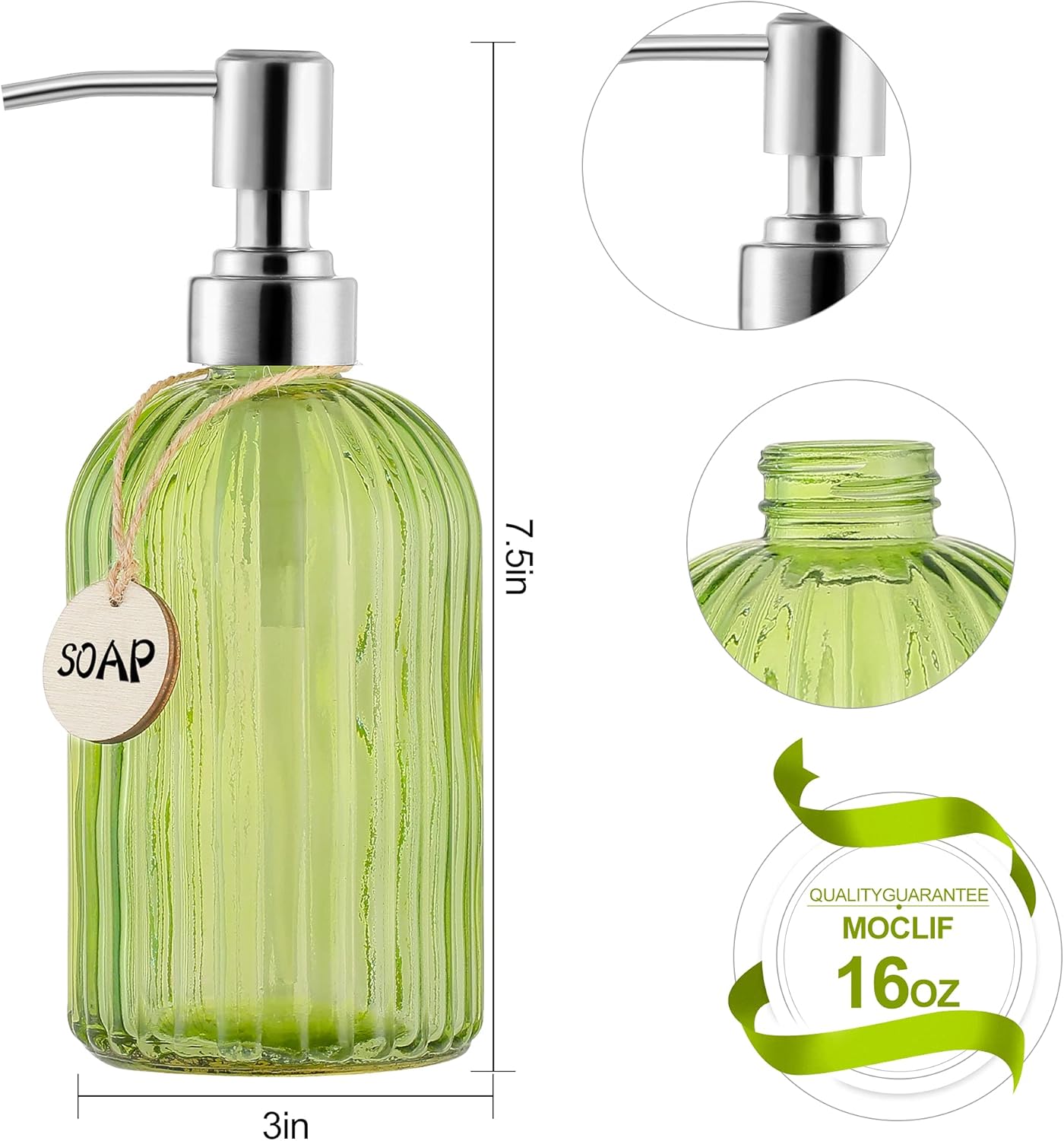 16 OZ Soap Dispenser，Tempered Glass Clear Vertical Stripe with 304 Rust Proof Stainless Steel Pump Refillable Liquid Hand Soap Dispenser，for Bathroom, Kitchen, Dish Soap，Lotion (Green)
