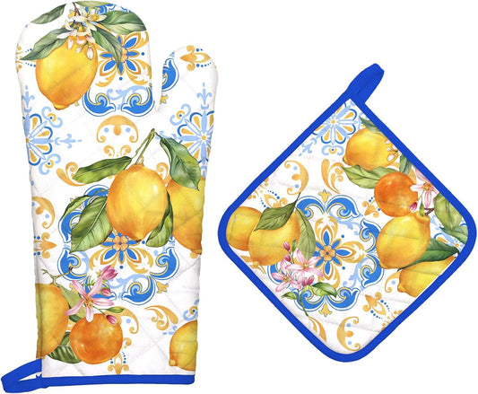 Summer Lemon Oven Mitts and Pot Holders Sets 2Pcs, 100% Cotton Heat Resistant, Extra Long Oven Gloves Potholder for Kitchen Cooking Baking Decoration
