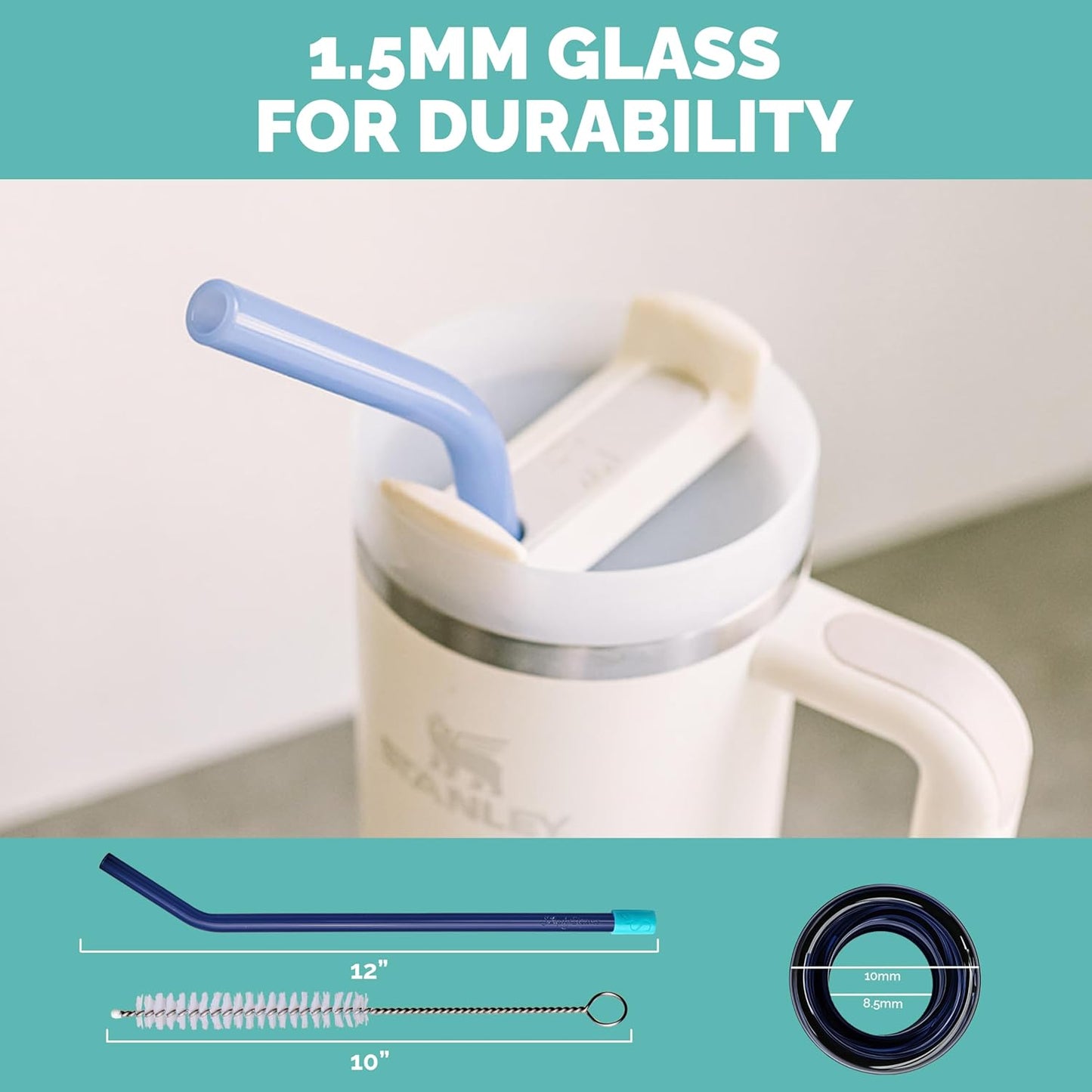 Simply Straws 12 Inch Glass Straws Bent (6-Pack) – Reusable Glass Straws for Stanley 40 Oz Tumbler, with Cleaning Brush – Durable, Dishwasher Safe, Hot & Cold Use, BPA-Free (Iridium)