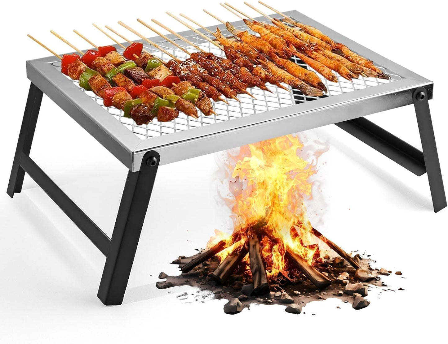 Folding Campfire Grill, 16" x 12" Heavy Duty Steel Mesh Grate Chrome Finish with Folding Legs, Portable Campfire Cooking Equipment, for Camping Outdoor BBQ Cooking Open Fire, Silver