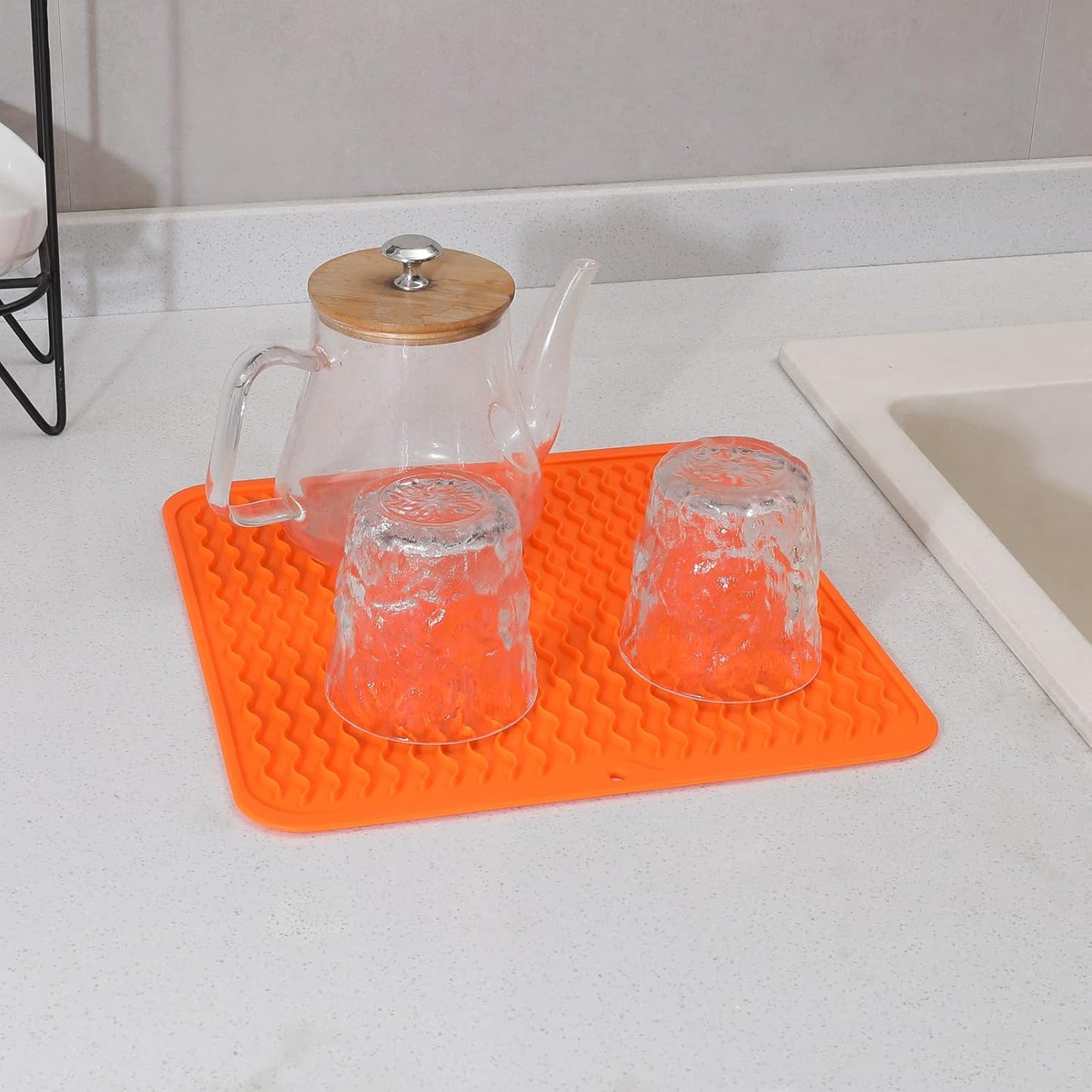 Silicone Dish Drying Mat for Multiple Usage,Easy clean,Eco-friendly,Heat-resistant Silicone Mat for Kitchen Counter or Sink,Refrigerator or Drawer liner Orange M 12 inches x 12 inches