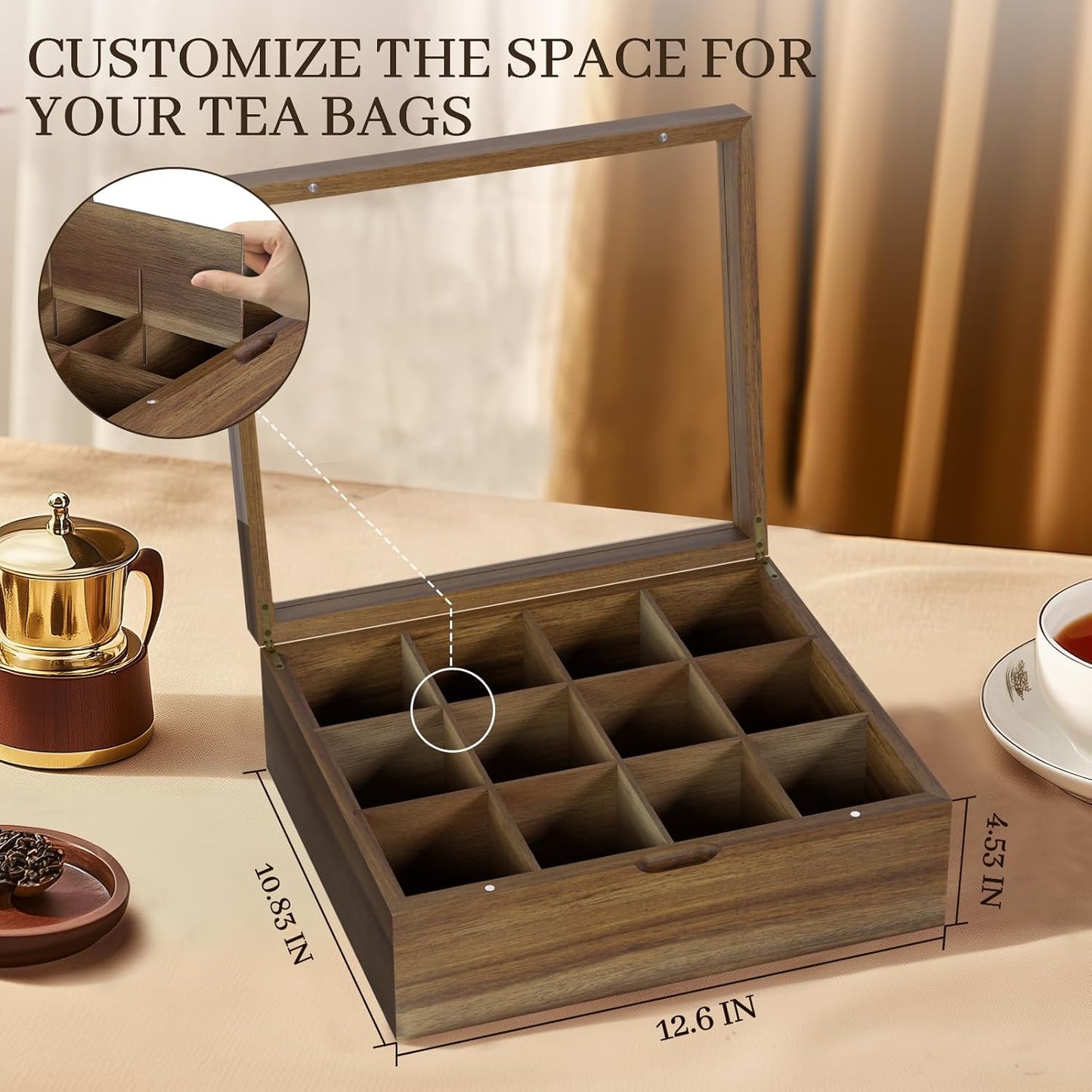 Acacia Wood Tea Bag Organizer, 12 Compartments Tea Box Organizer Storage Box, Teabag Holder Organizers with Clear Acrylic Window, Magnetic Lid and Removable Dividers