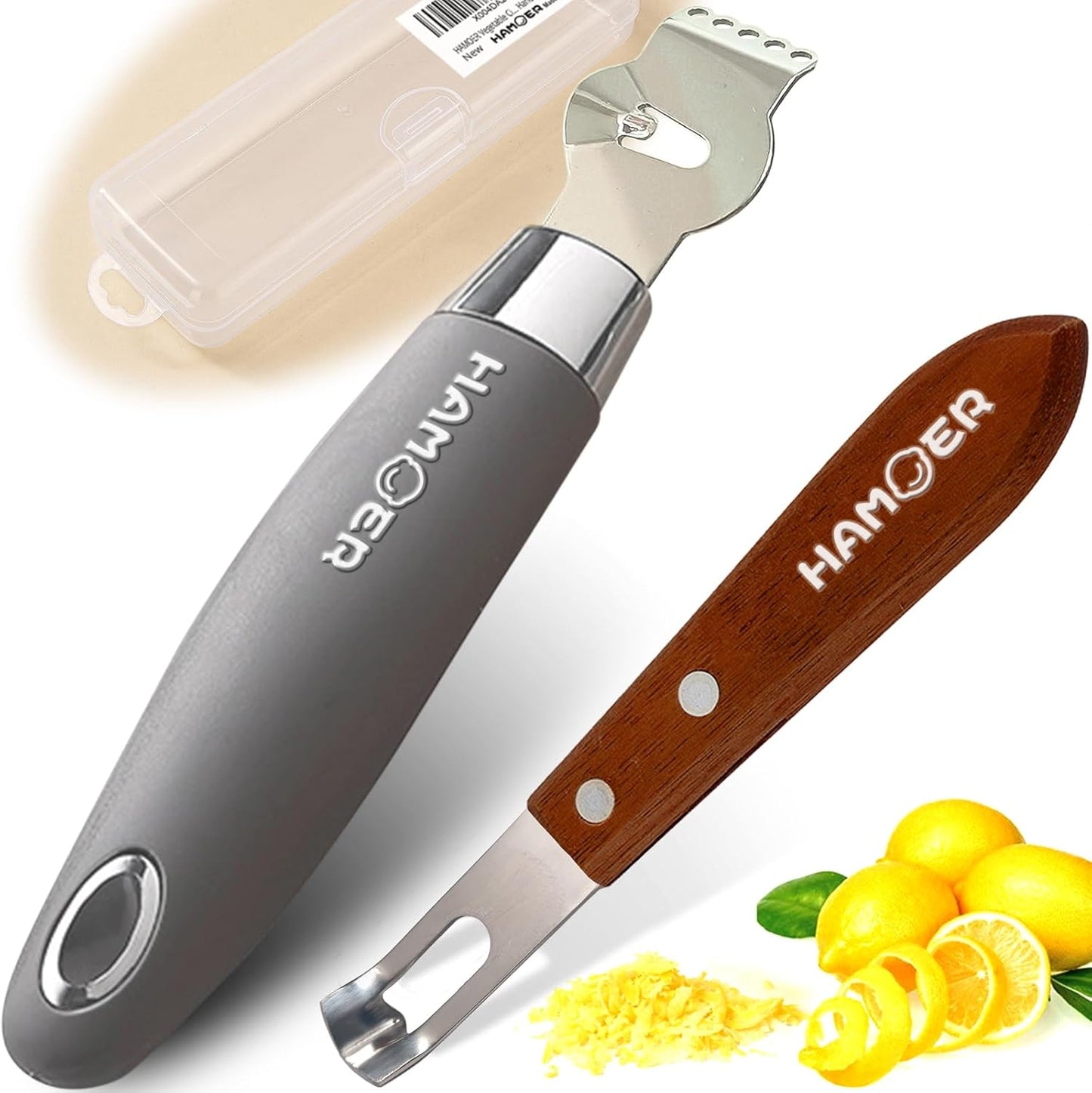 Citrus Lemon Zester & Channel Knife Tool for Kitchen Bar, Stainless Steel Blade, Ergonomic Design, Wooden Handle & Rubber & Plastic Handle Set Tool