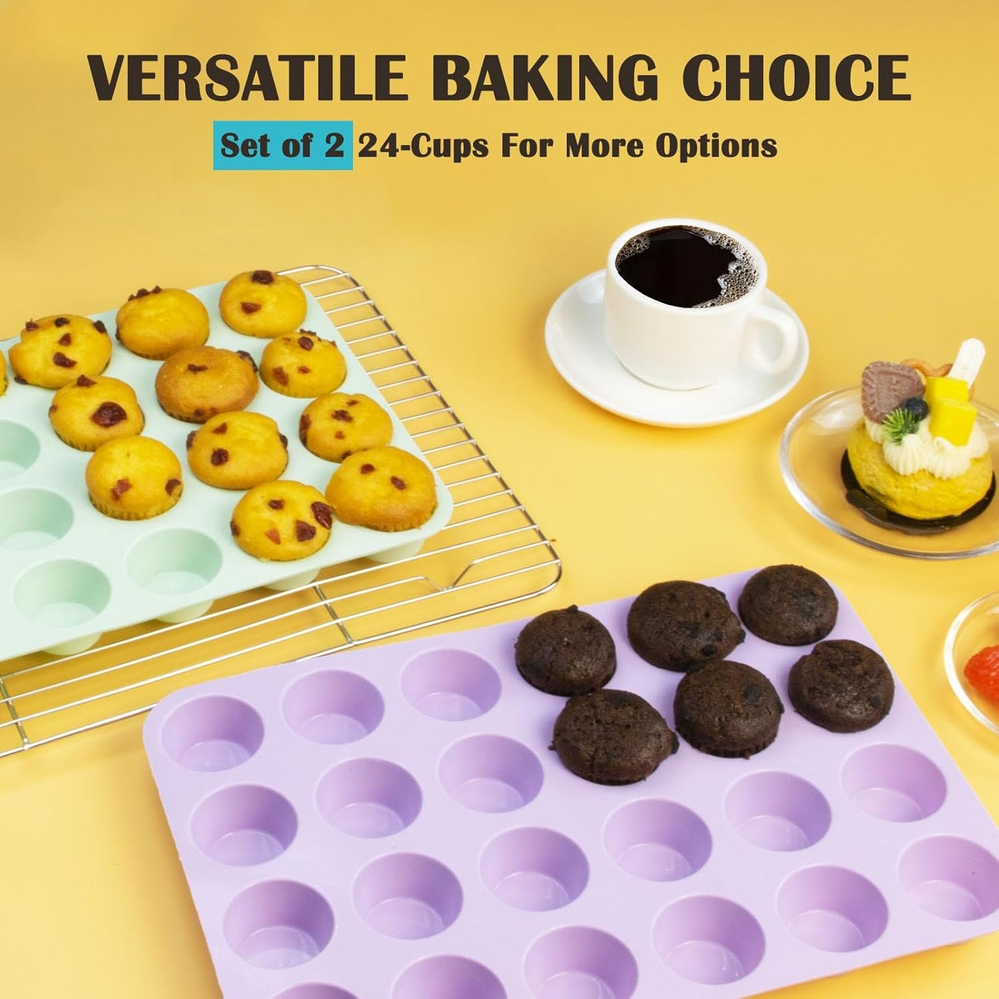 24 Cups Silicone Mini Muffin Pan Set, Nonstick Mini Cupcake Pans, BPA Free Small Muffin Tin for Baking, Set of 2 (Green+Purple)