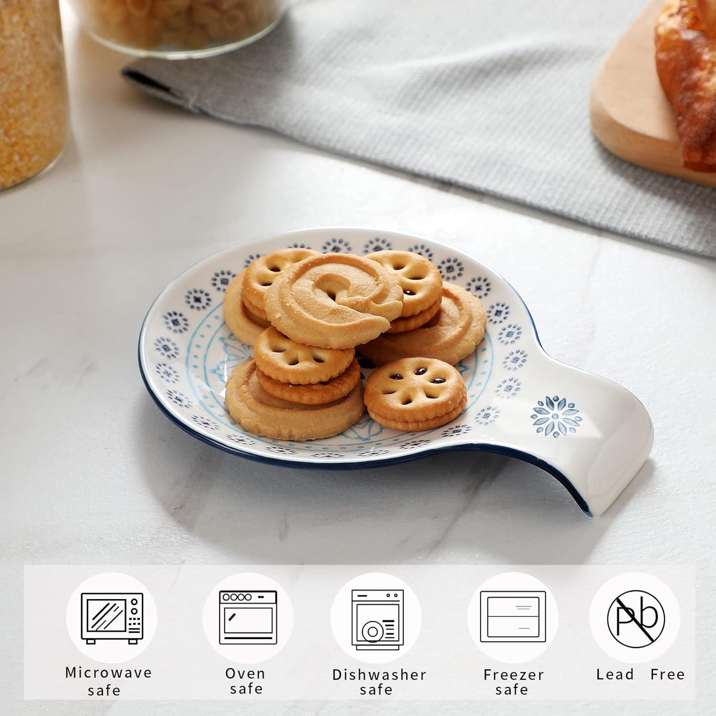 Hand Painted Spoon Rest, 5.5" Ceramic Spoon Holder for Stove Top and Kitchen Counter, Blue Pattern Utensil Rest, Great Cooking Gifts for Friends, Modern Kitchen Decorative